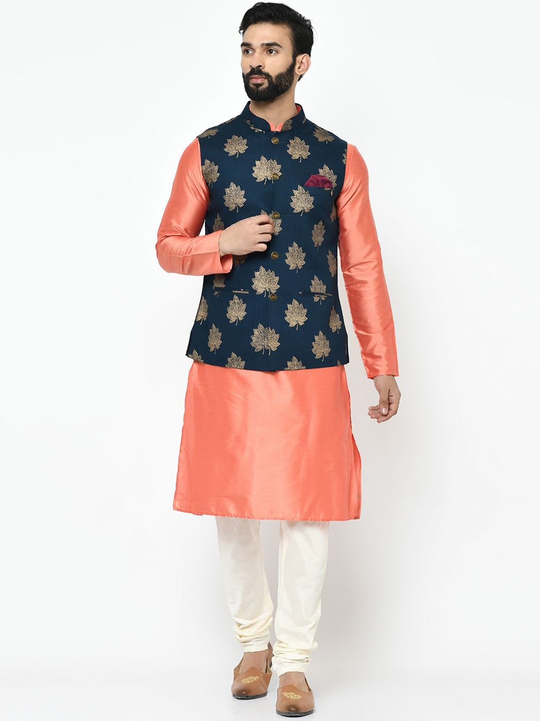 

Anouk Navy Blue & Peach Floral Printed Mandarin Collar Kurta with Churidar & Nehru jacket