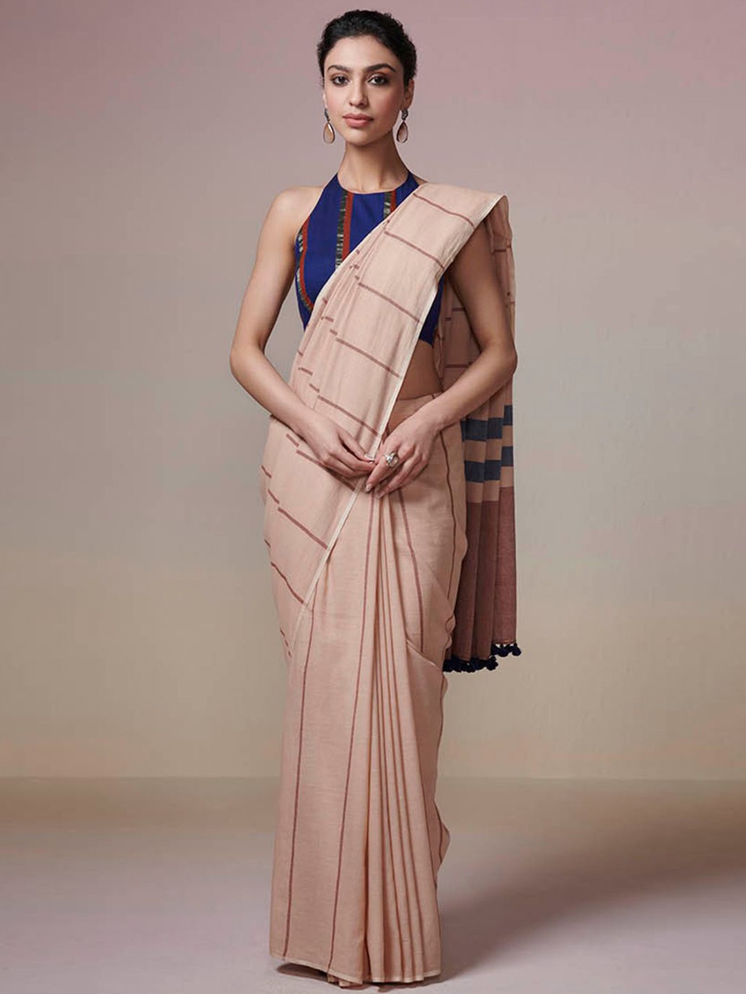 

DRESSFOLK Handloom Cotton Beige Saree with brown and blue stripes
