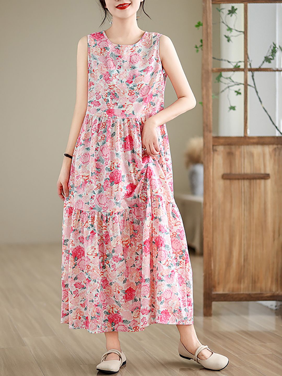 

JC Mode Floral Printed Fit and Flare Maxi Dress, Pink
