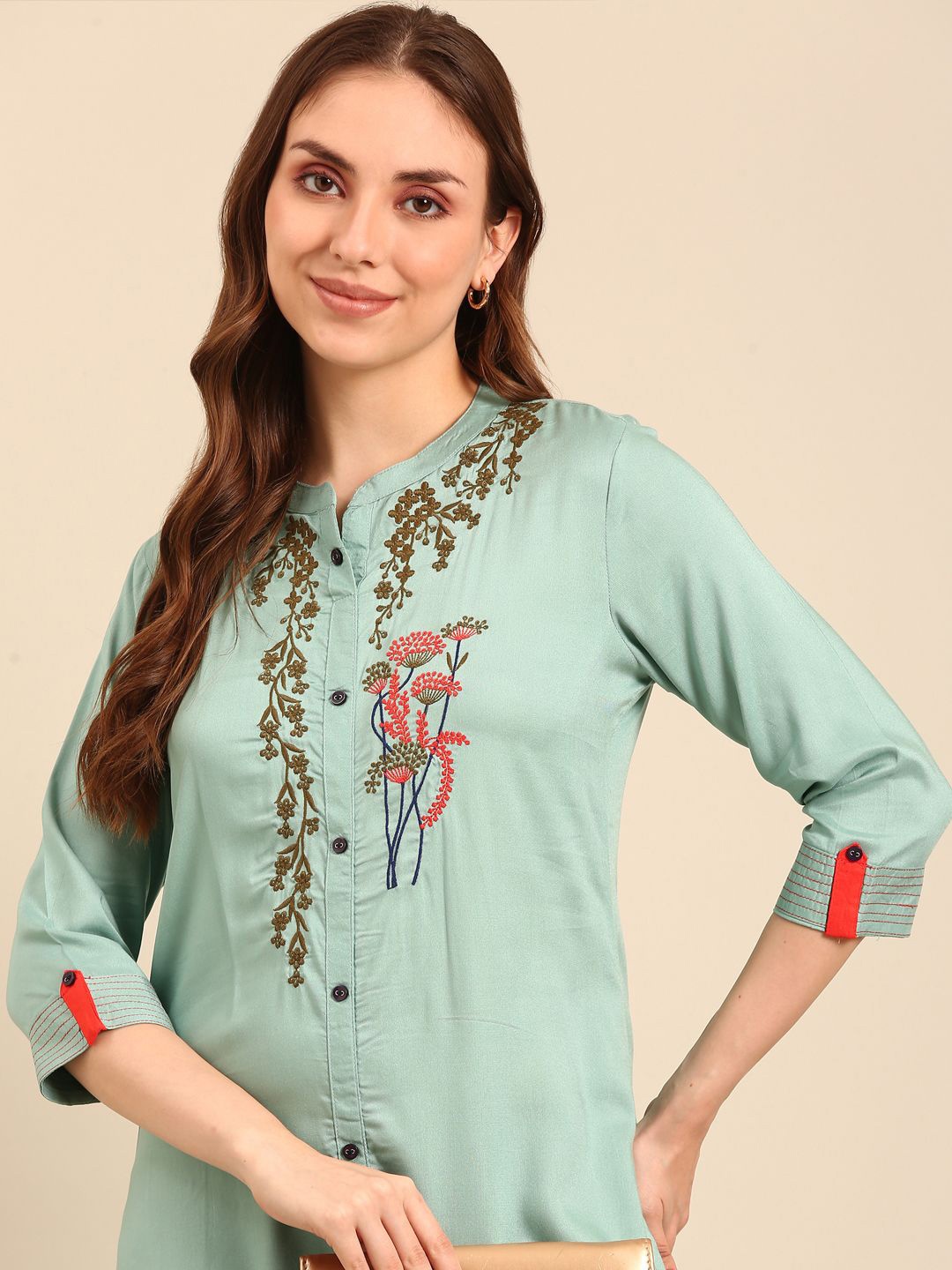 

Anouk Turquoise Blue & Brown Floral Embroidered Mandarin Collar Pure Cotton Straight Kurta