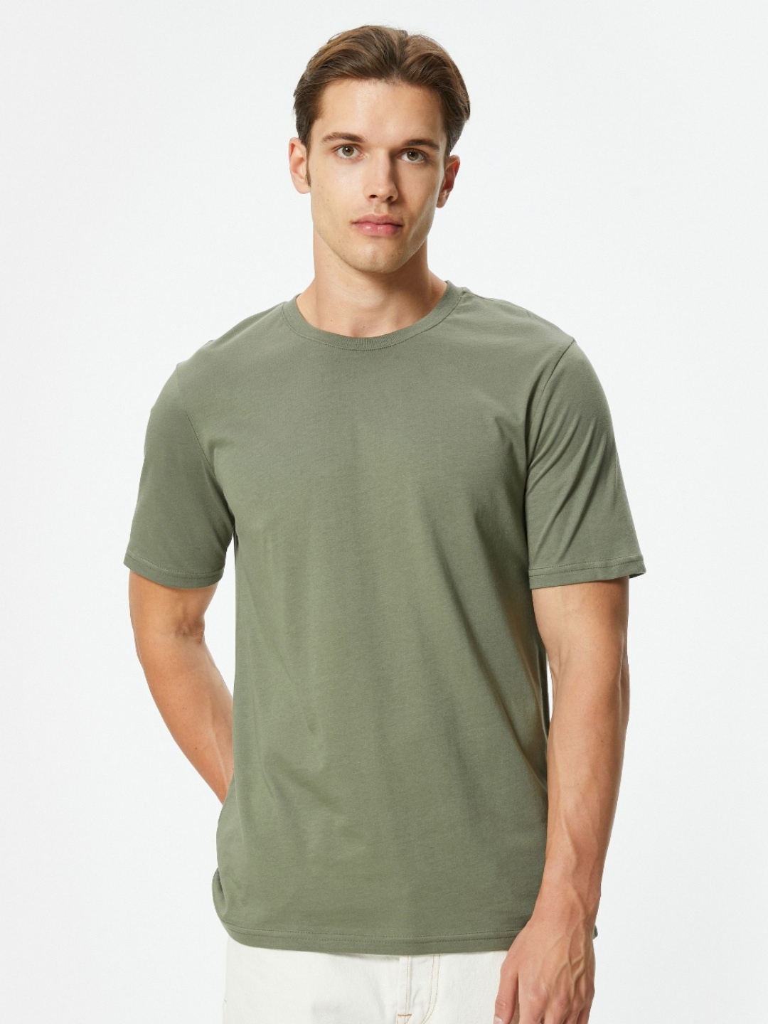 

Koton Men Drop-Shoulder Sleeves Raw Edge T-shirt, Khaki