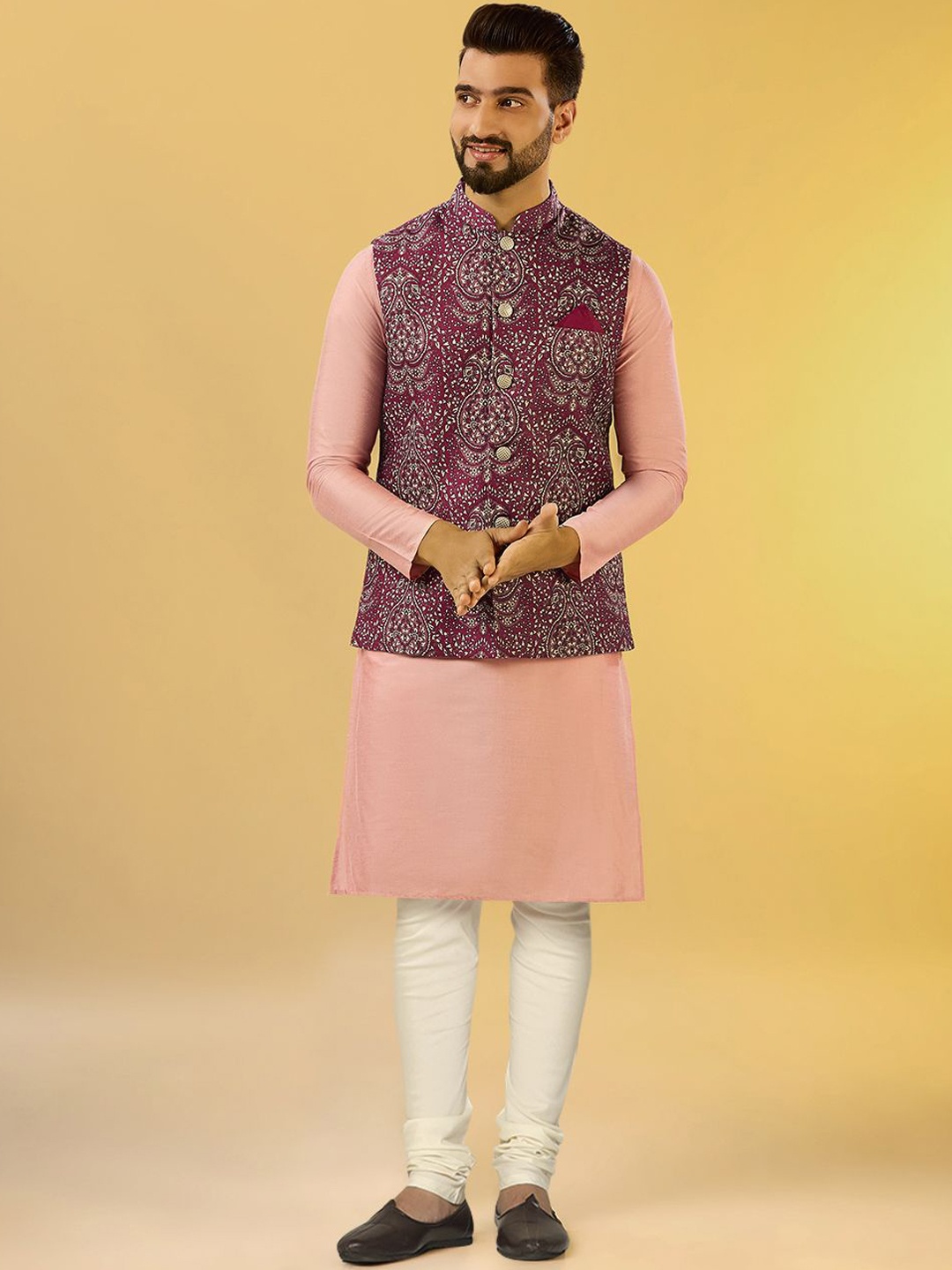 

Anouk Magenta Mandarin Collar Straight Kurta with Churidar & Printed Nehru jacket