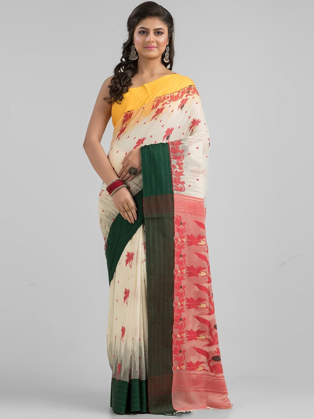 

SAJASAJO Woven Design Pure Cotton Fusion Saree, Off white