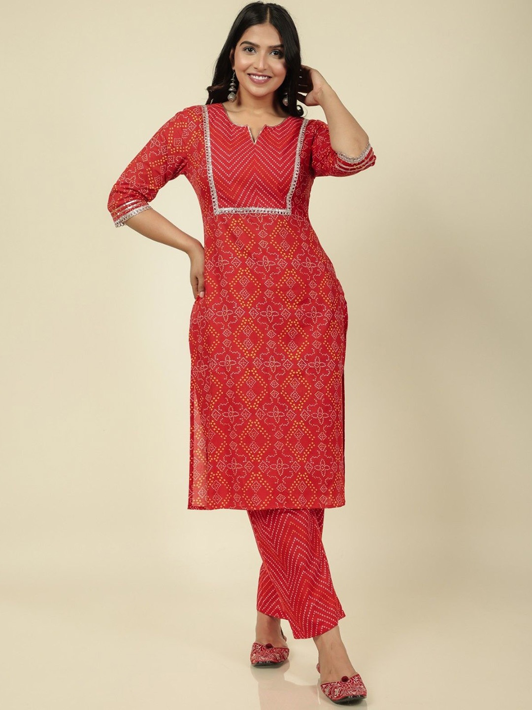 

Aramya Bandhani Printed Gotta Patti Pure Cotton Straight Kurta With Trousers, Red