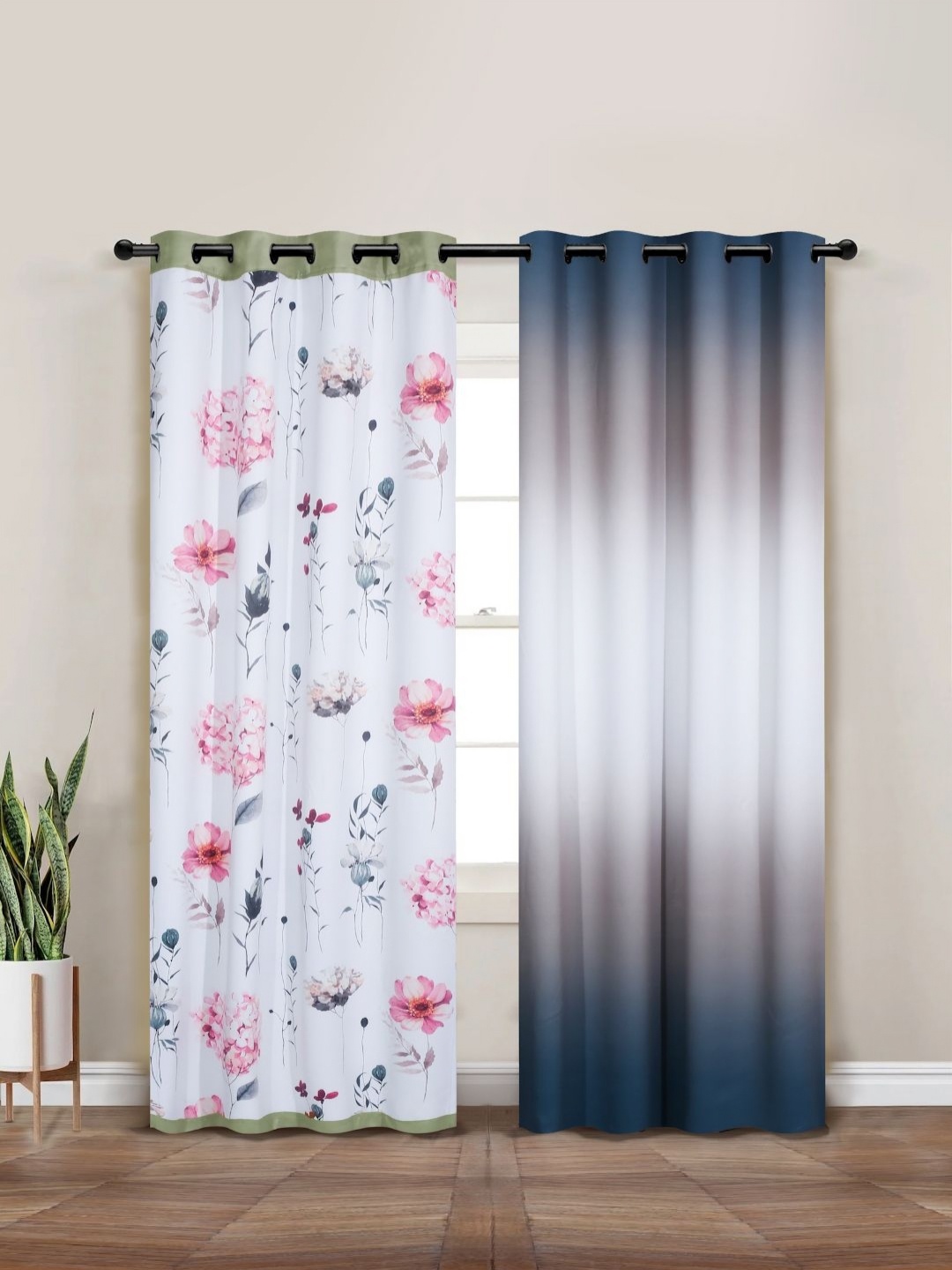 

Myntra Elegant Homes Grey & White Set of 2 Floral Black Out Door Curtain