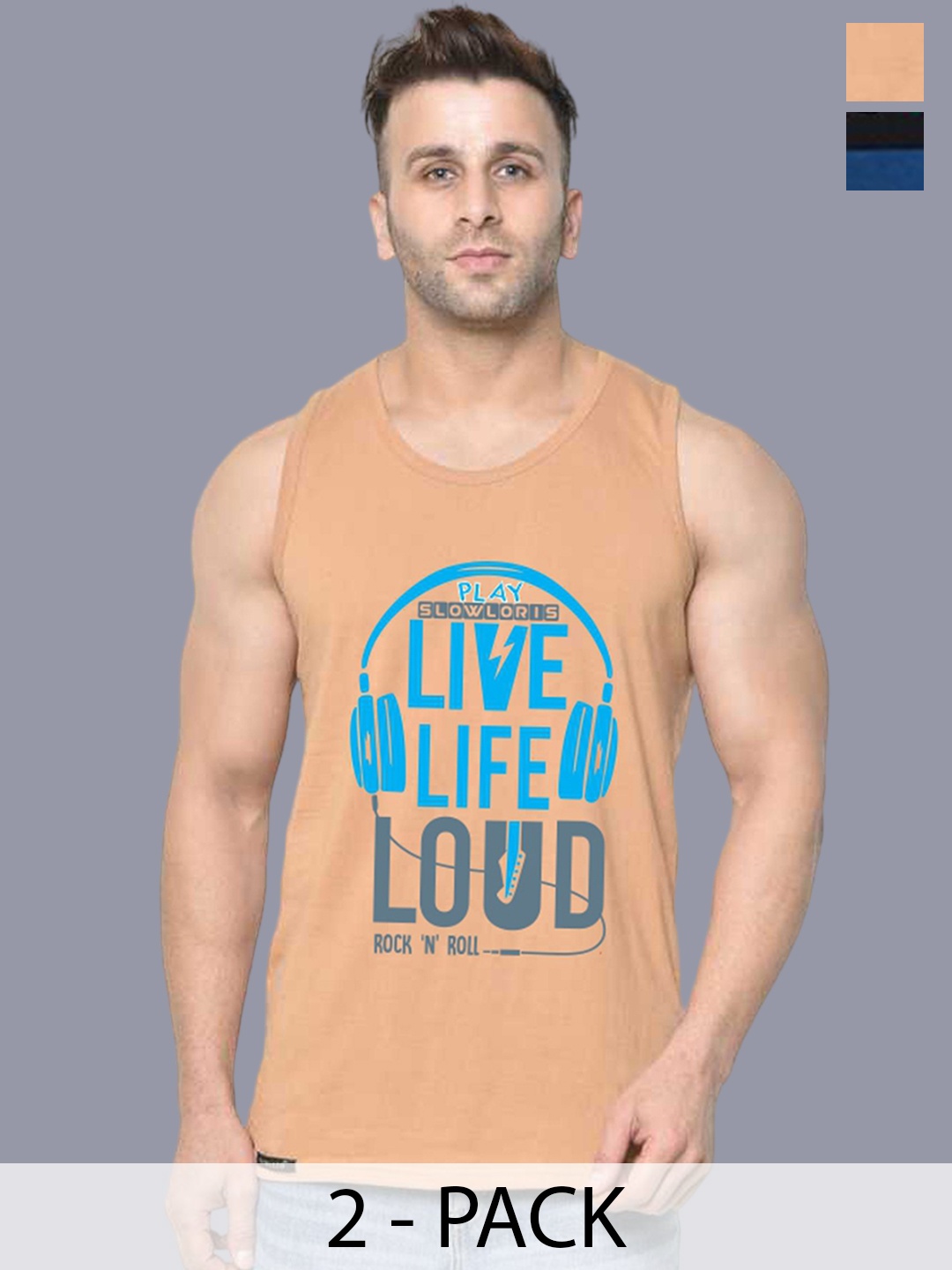 

SLOWLORIS Pack Of 2 Men Printed Gym Vests, Rust