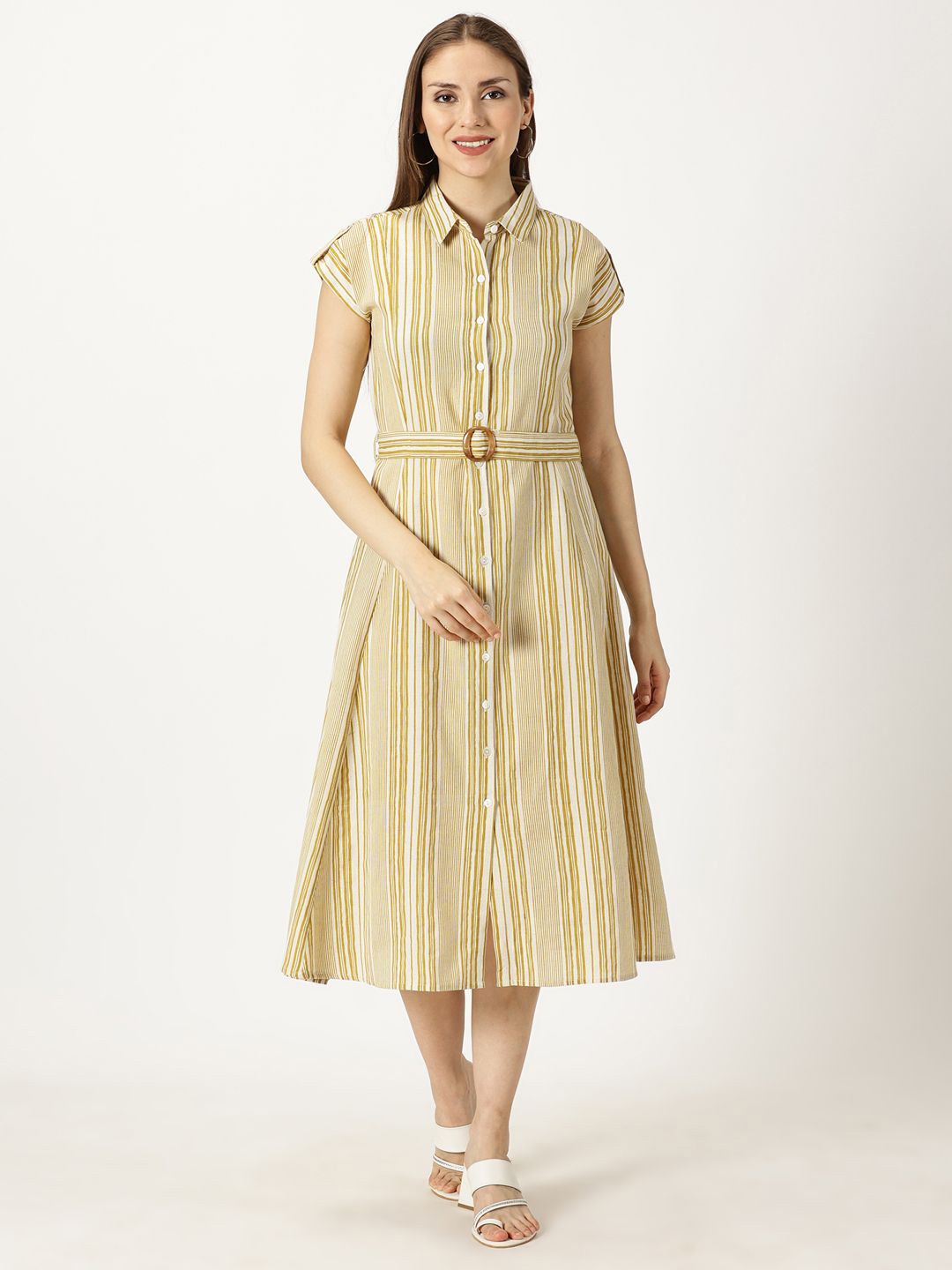 

Saffron Threads Striped Shirt Collar Roll-Up Sleeves Belted Shirt Midi Dress, Yellow