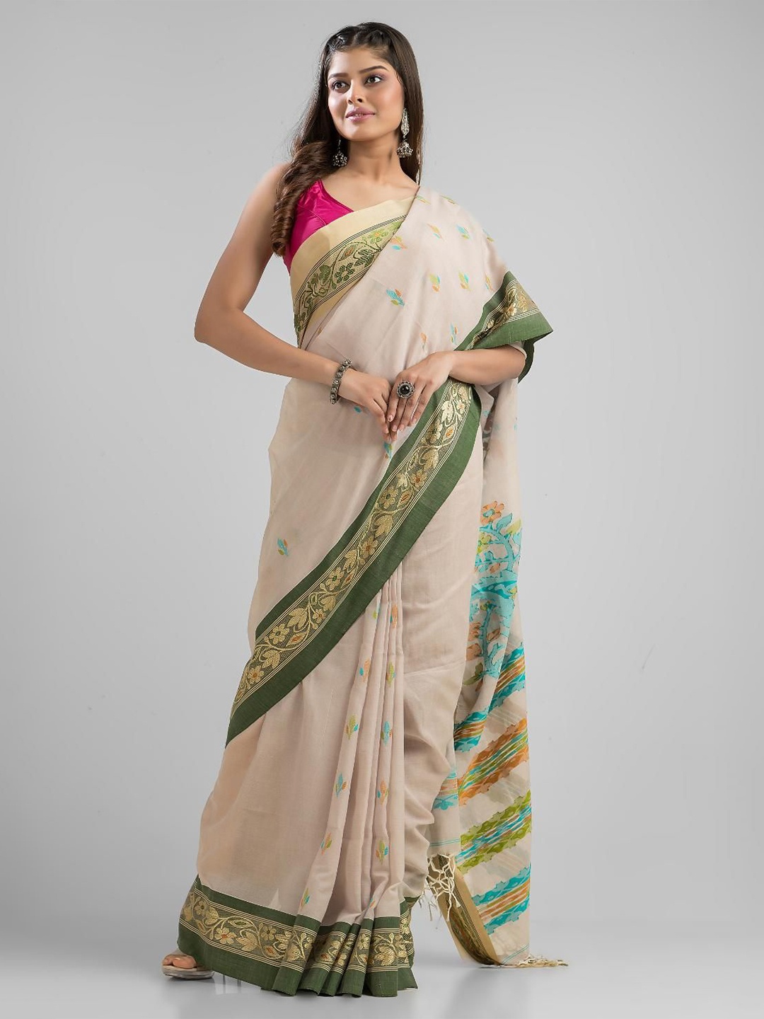 

SAJASAJO Ethnic Motifs Pure Cotton Fusion Saree, Cream