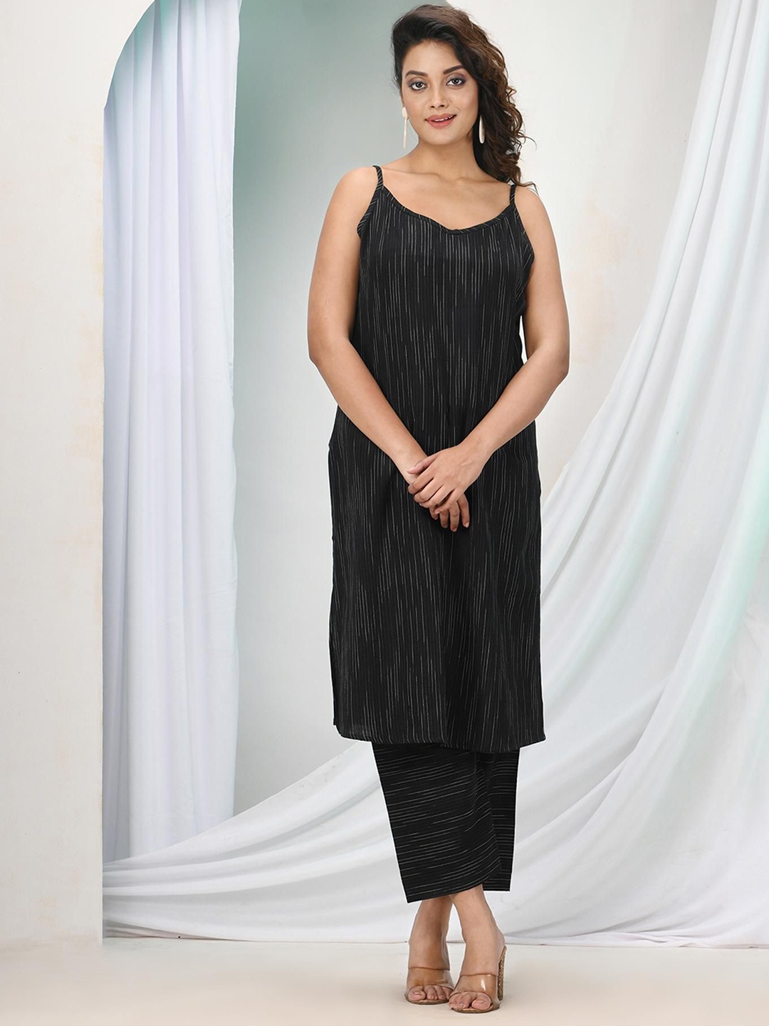 

Angoshobha Striped Shoulder Straps Pure Cotton Tunic With Trouser, Black