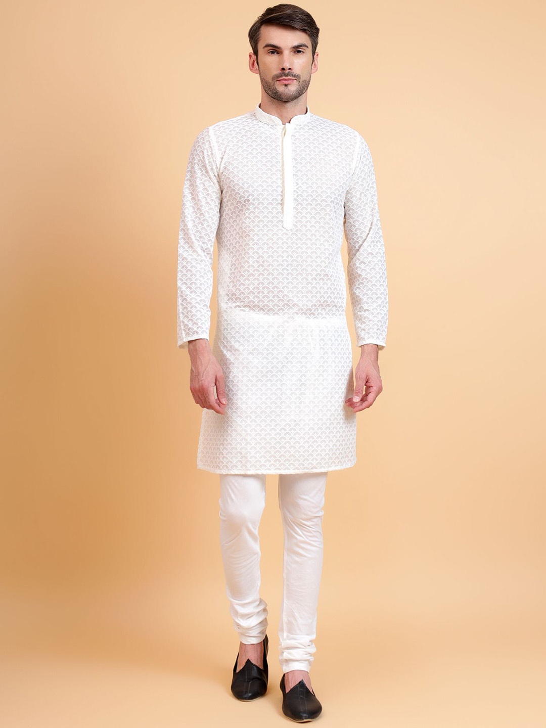 

Sultan The King Of Kurta Kurta Woven Design Mandarin Collar Chikankari Cotton Kurta, White