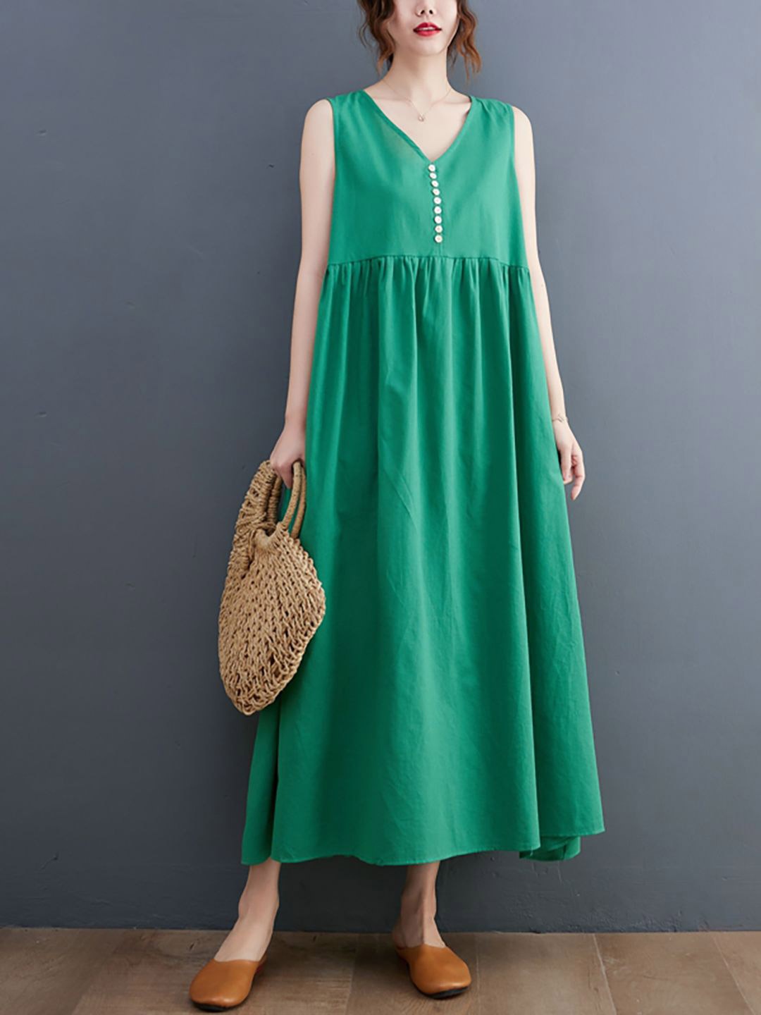 

JC Mode Button Detailing A-Line Maxi Dress, Green