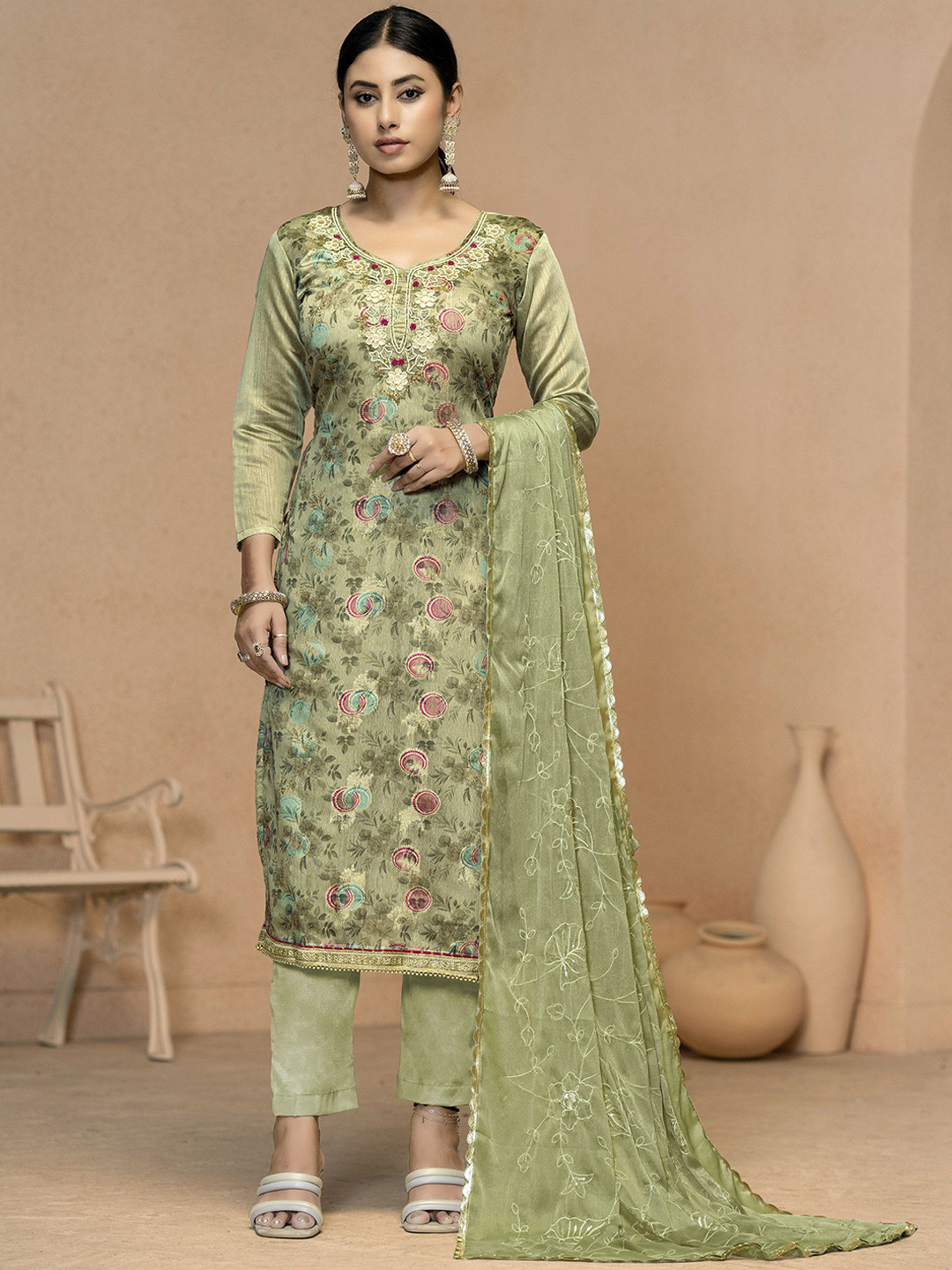 

MANVAA Beads & Stones Floral Embroidered Unstitched Dress Material, Green