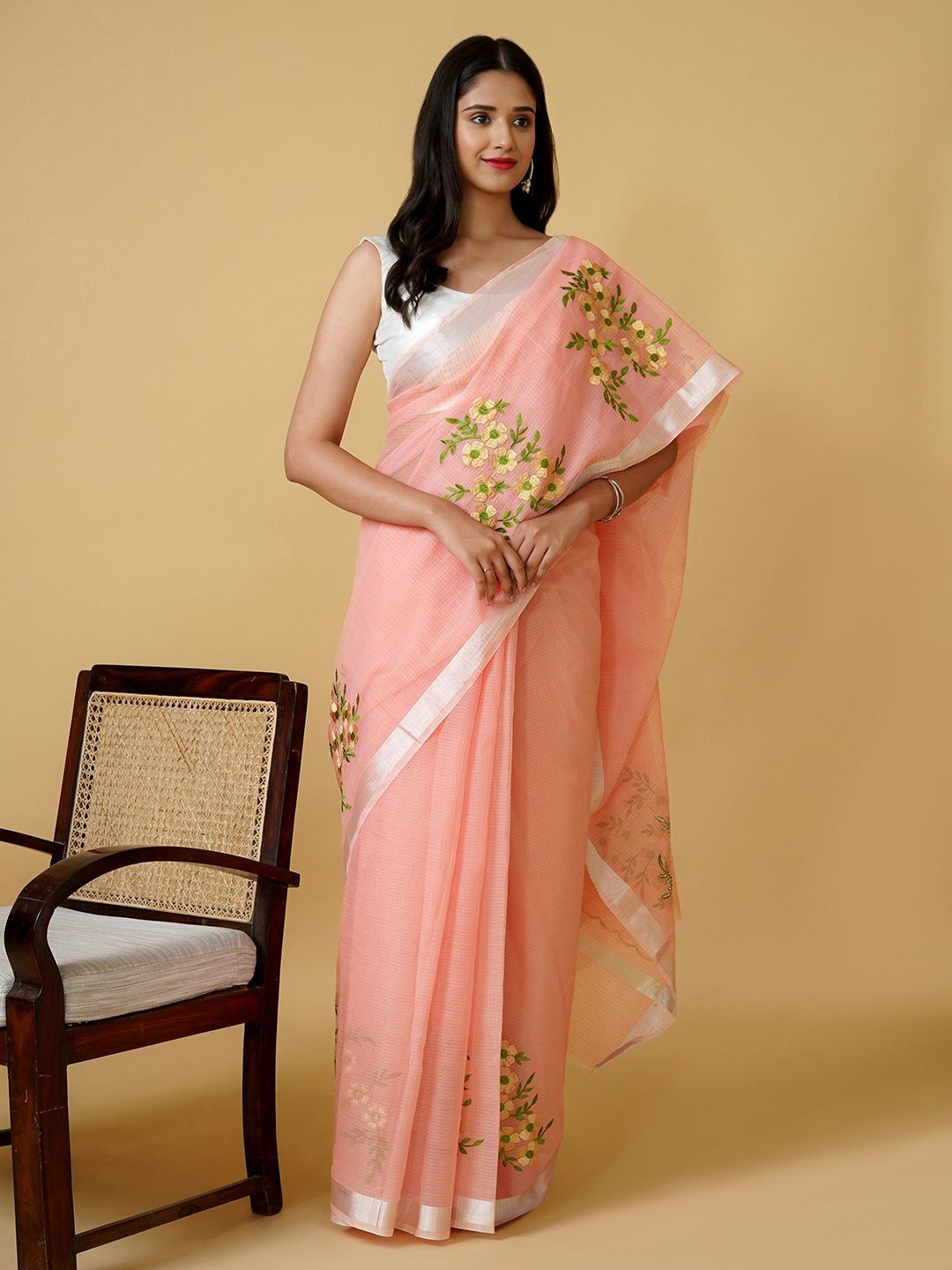 

TEEJH Floral Embroidered Supernet Kota Saree, Peach