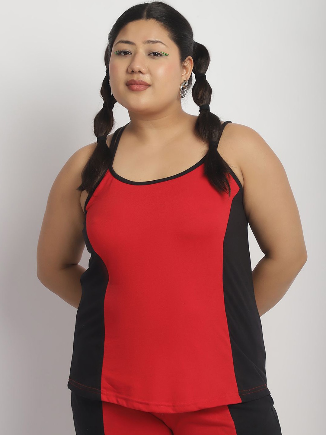 

thkgrlz Women Colourblocked Shoulder Straps Plus Size Top, Red