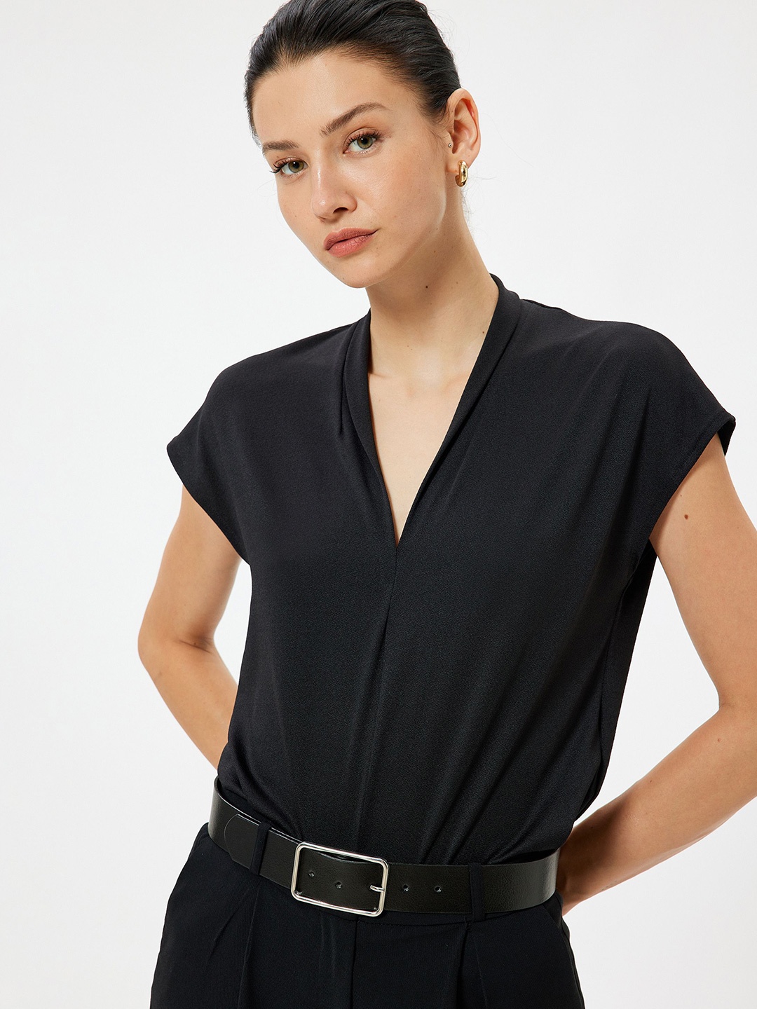 

Koton Women Solid V-Neck Polyester Top, Black
