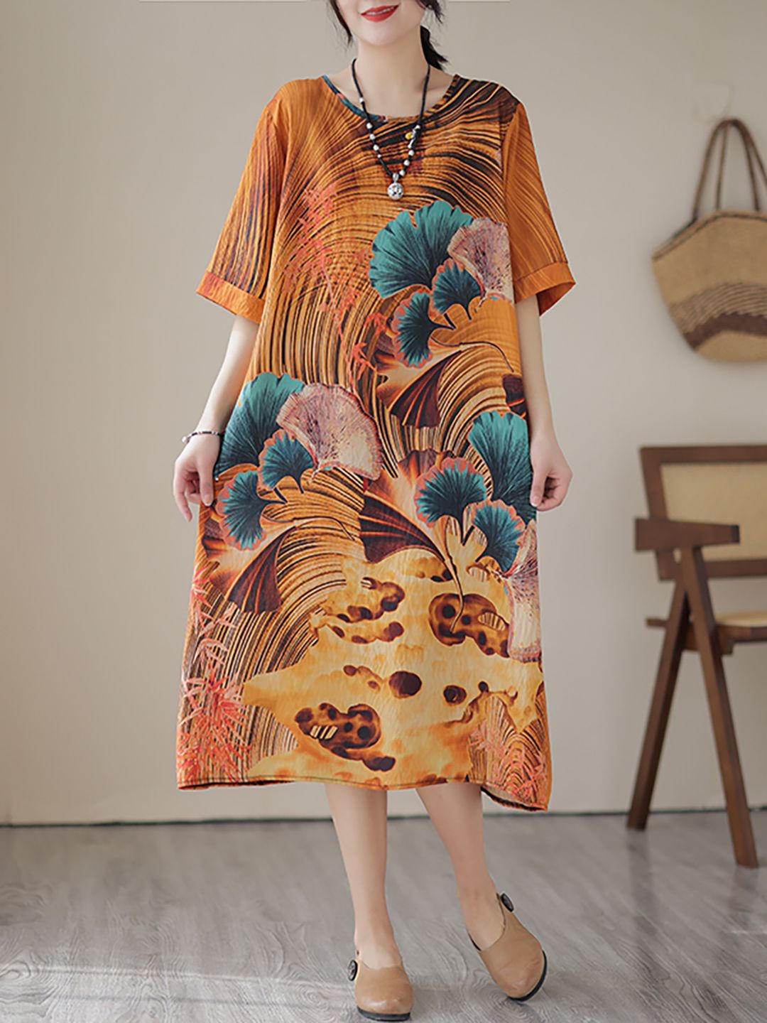 

JC Mode Floral Printed Short Sleeves A-Line Midi Dress, Mustard
