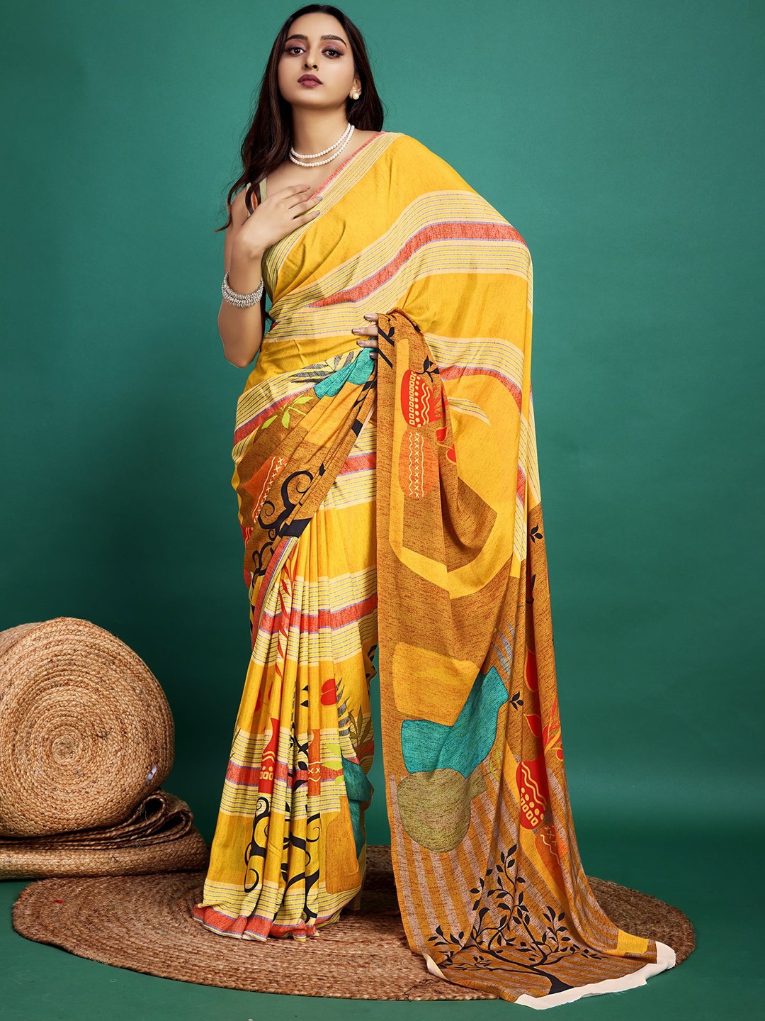 

P D Silk Mills Pure Crepe multi color Saree, Yellow