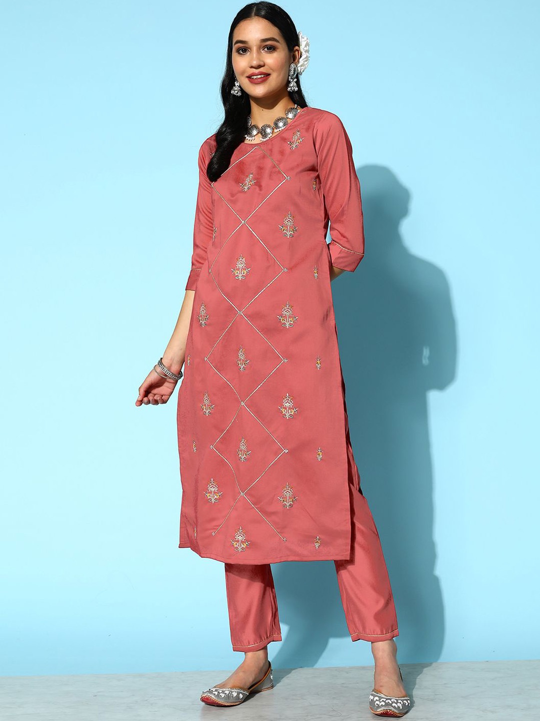 

Sangria Floral Embroidered Zari Sequence Straight Kurta With Trouser, Rust