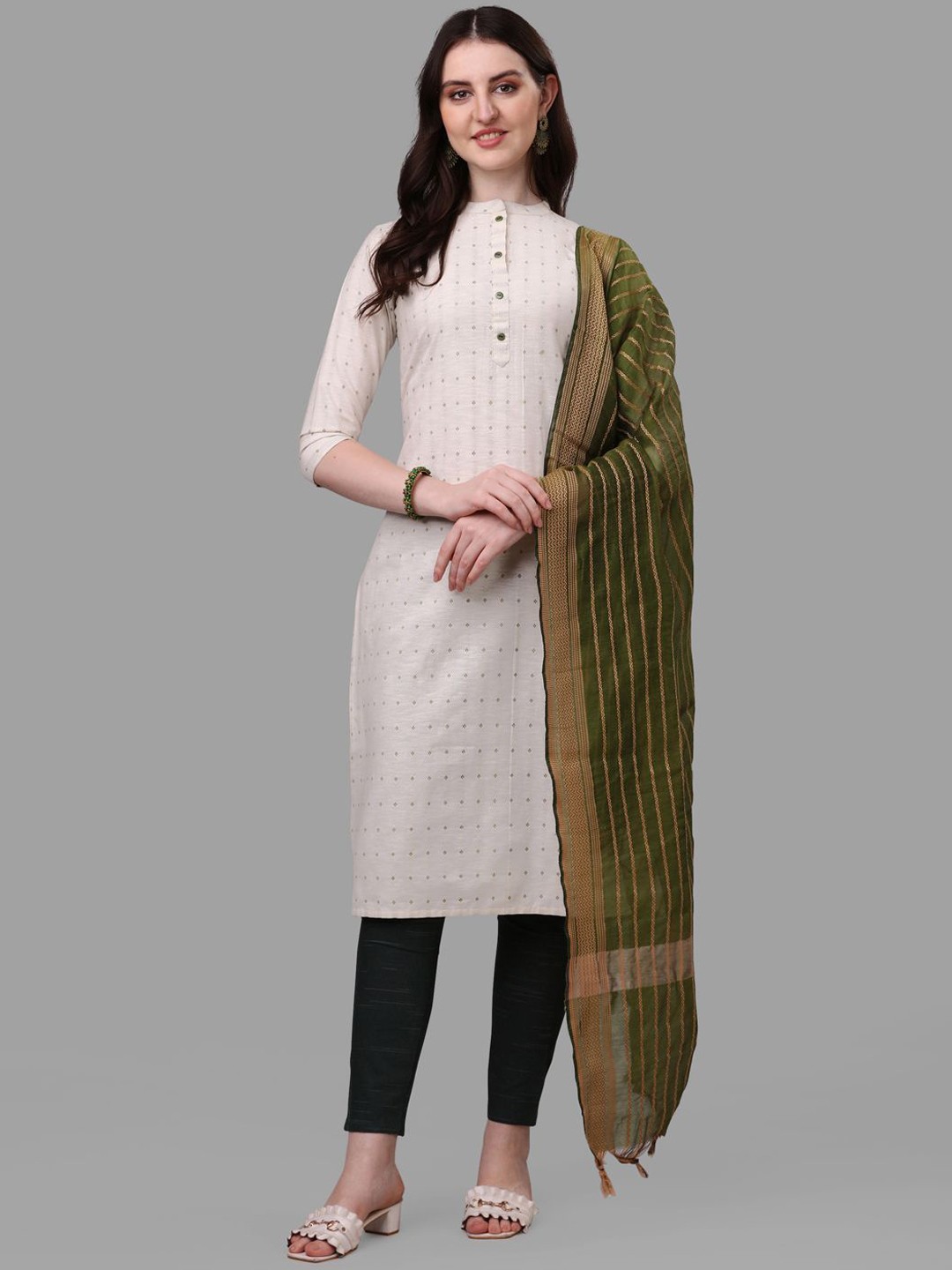 

Growdamy Women Regular Pure Cotton Kurta with Trousers & With Dupatta, Off white