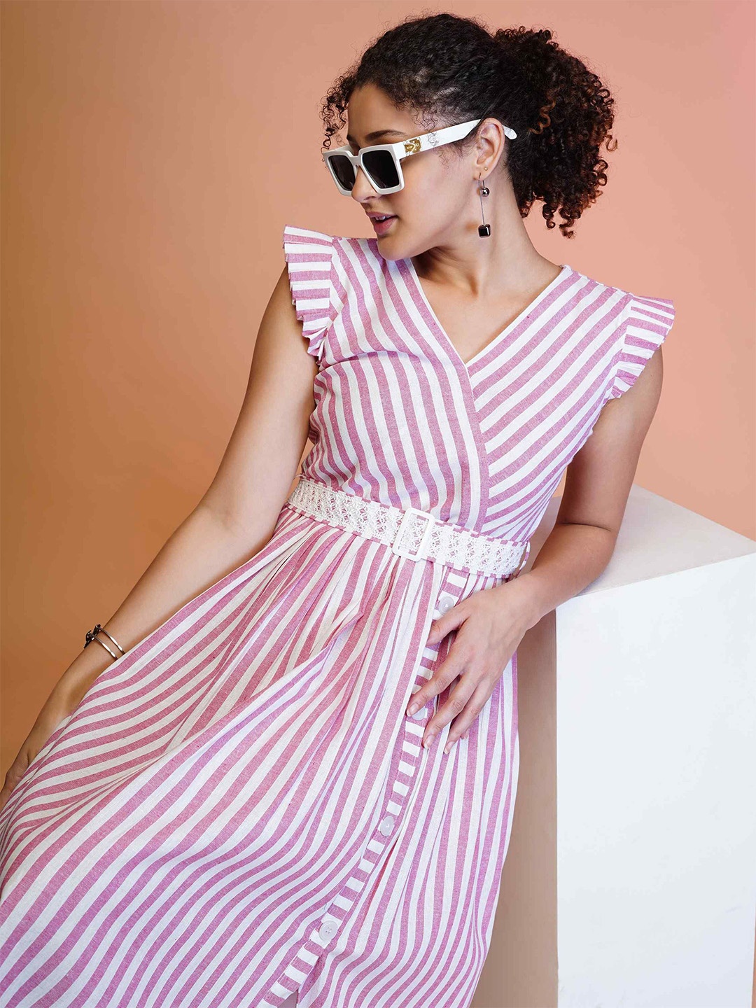 

TextileNow Striped Flutter Sleeve Fit & Flare Midi Dress with Embroidered Belt, Pink