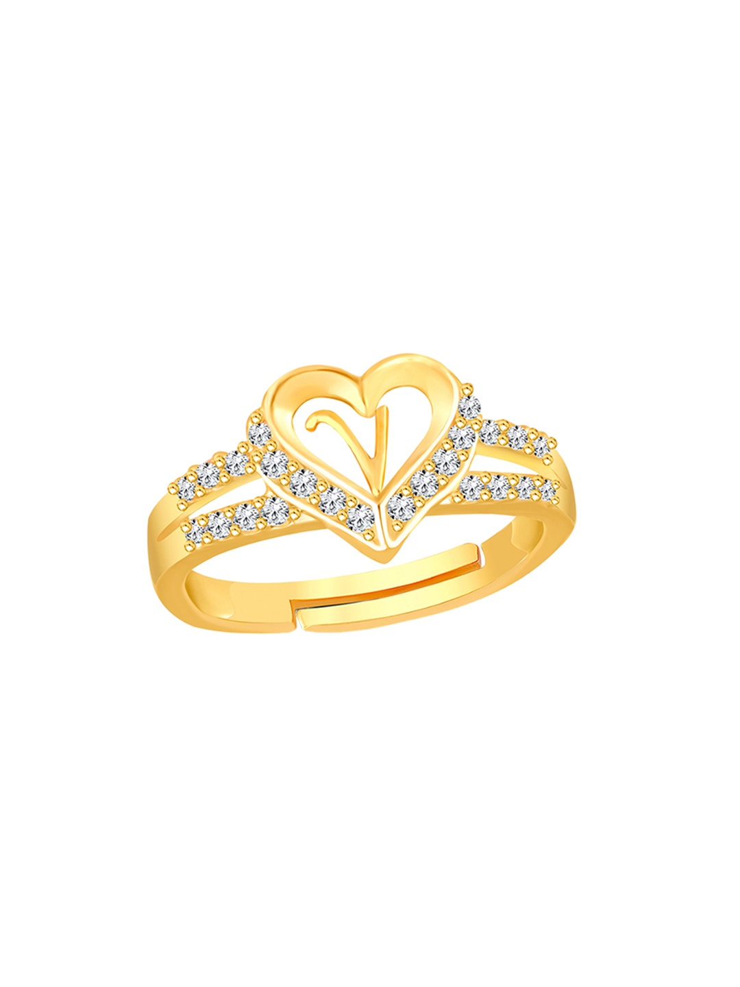 

Lila Gold Plated Cubic Zirconia Studded Heart Shaped Alphabet V Finger Ring