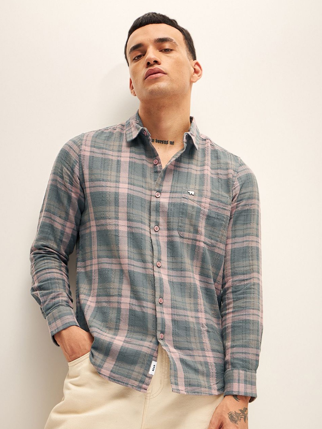 

THE BEAR HOUSE Slim Fit Tartan Checks Checked Casual Shirt, Pink