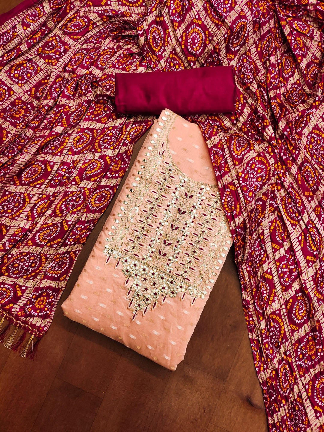 

LeeliPeeri Designer Geometric Gotta Patti Jacquard Cotton Unstitched Dress Material, Peach