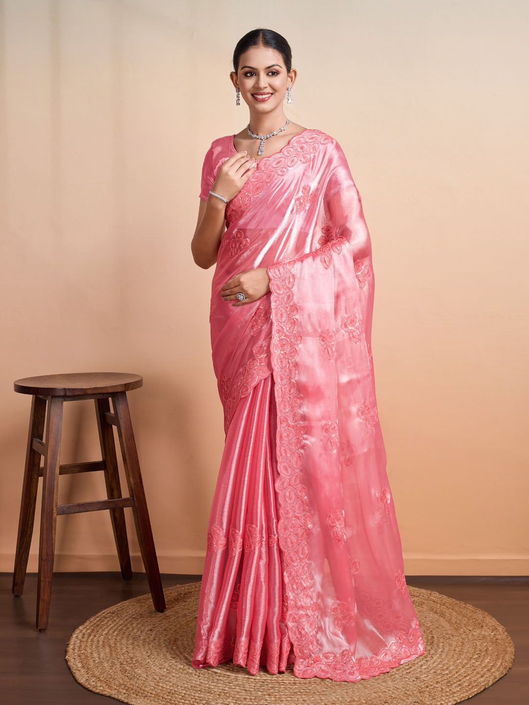 

Meena Bazaar Embellished Sequinned Organza Saree, Peach