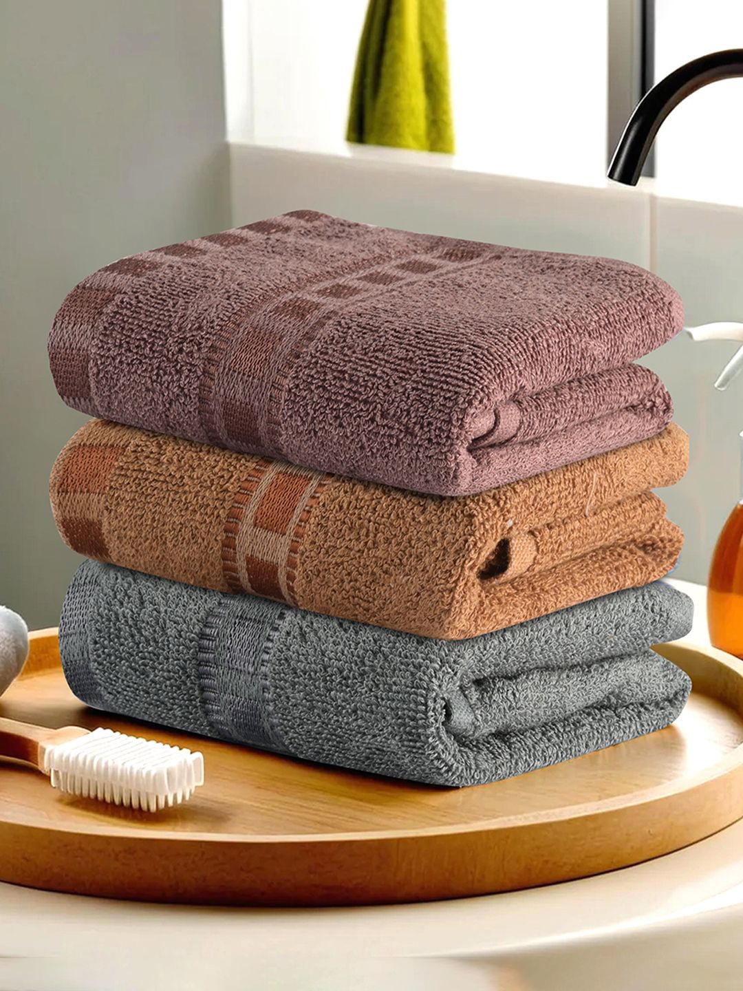 

Kuber Industries Grey & Brown 3 Pieces Striped Cotton Anti-Bacterial 225 GSM Face Towels