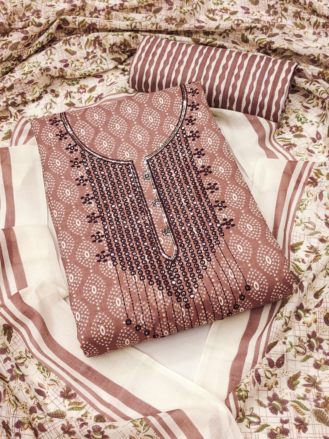 

LeeliPeeri Designer Ethnic Printed Sequinned Embroidered Cotton Unstitched Dress Material, Brown