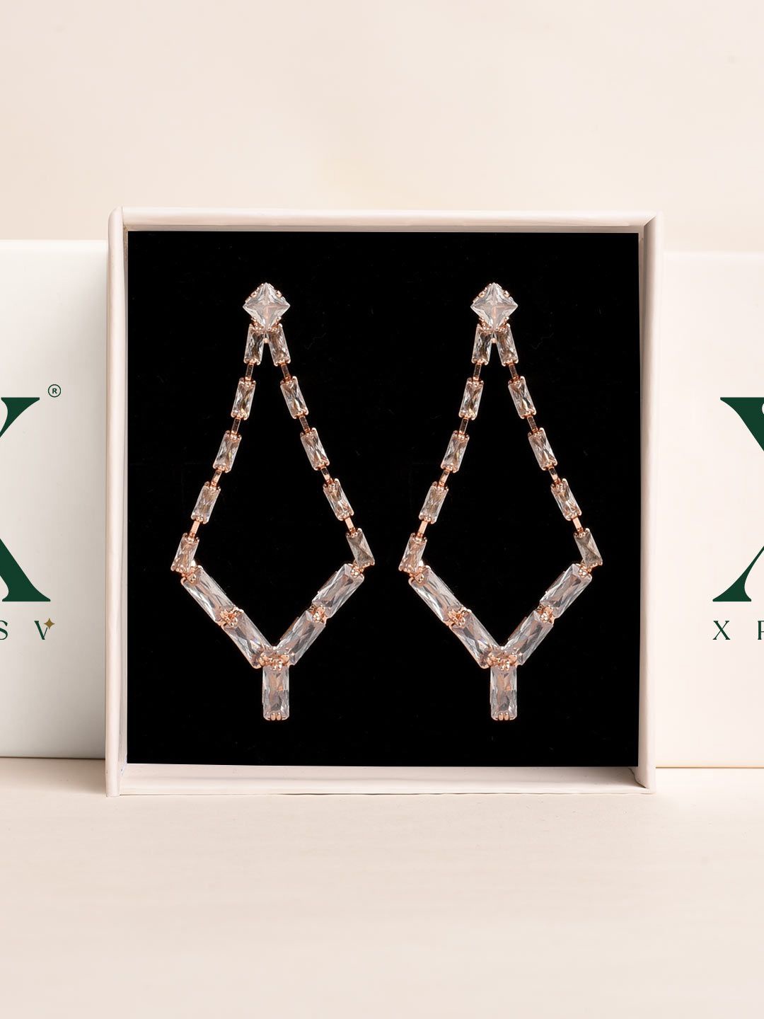 

XPNSV Sparkling Cascade Rose Gold-Plated Stones Studded Geometric Drop Earrings