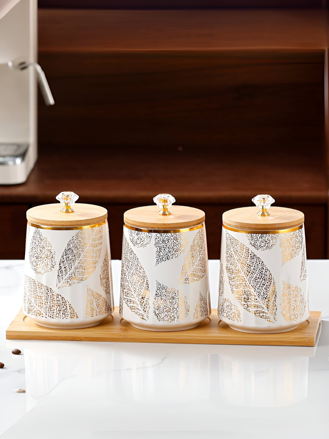 

UMAI 3 Pcs White & Gold Toned Round Printed Ceramic Containers With Bamboo Lids