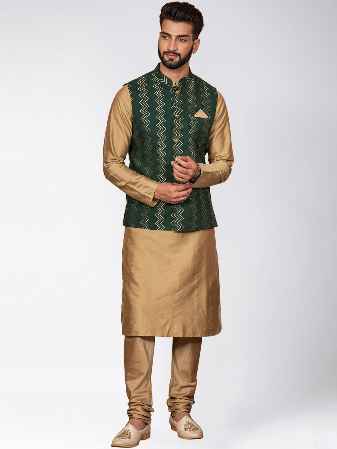 

Anouk Mandarin Collar Regular Straight Kurta with Churidar & Jacket, Beige