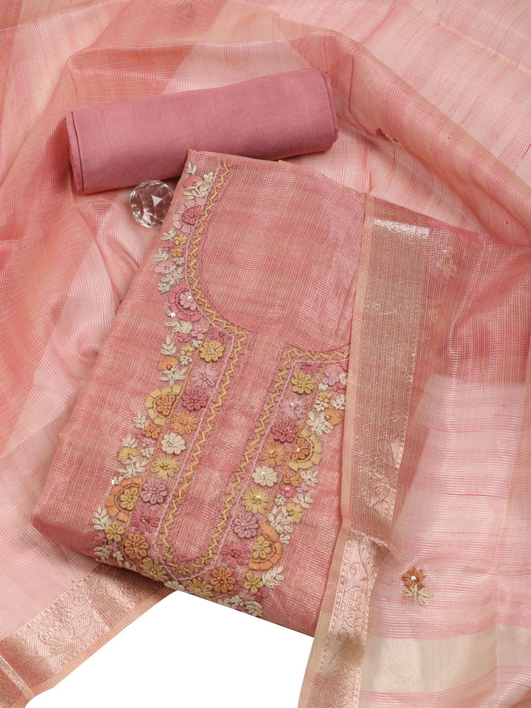 

Meena Bazaar Embroidered Art Silk Unstitched Dress Material, Pink
