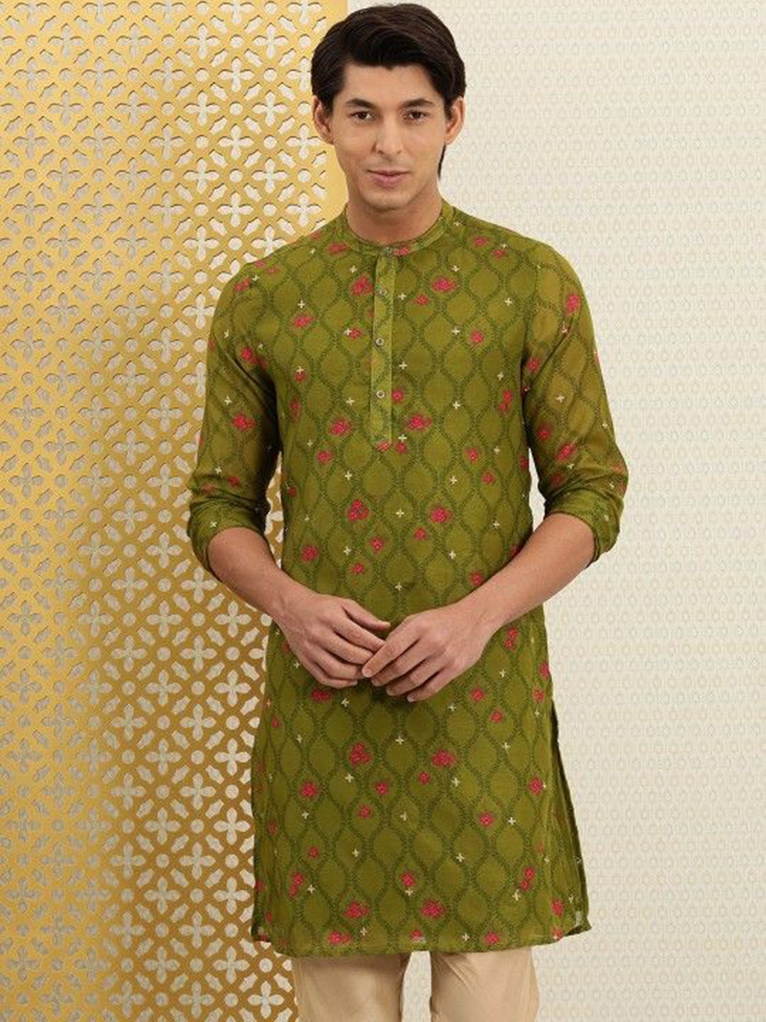 

House of Pataudi Floral Printed Band Collar Straight Kurta, Olive
