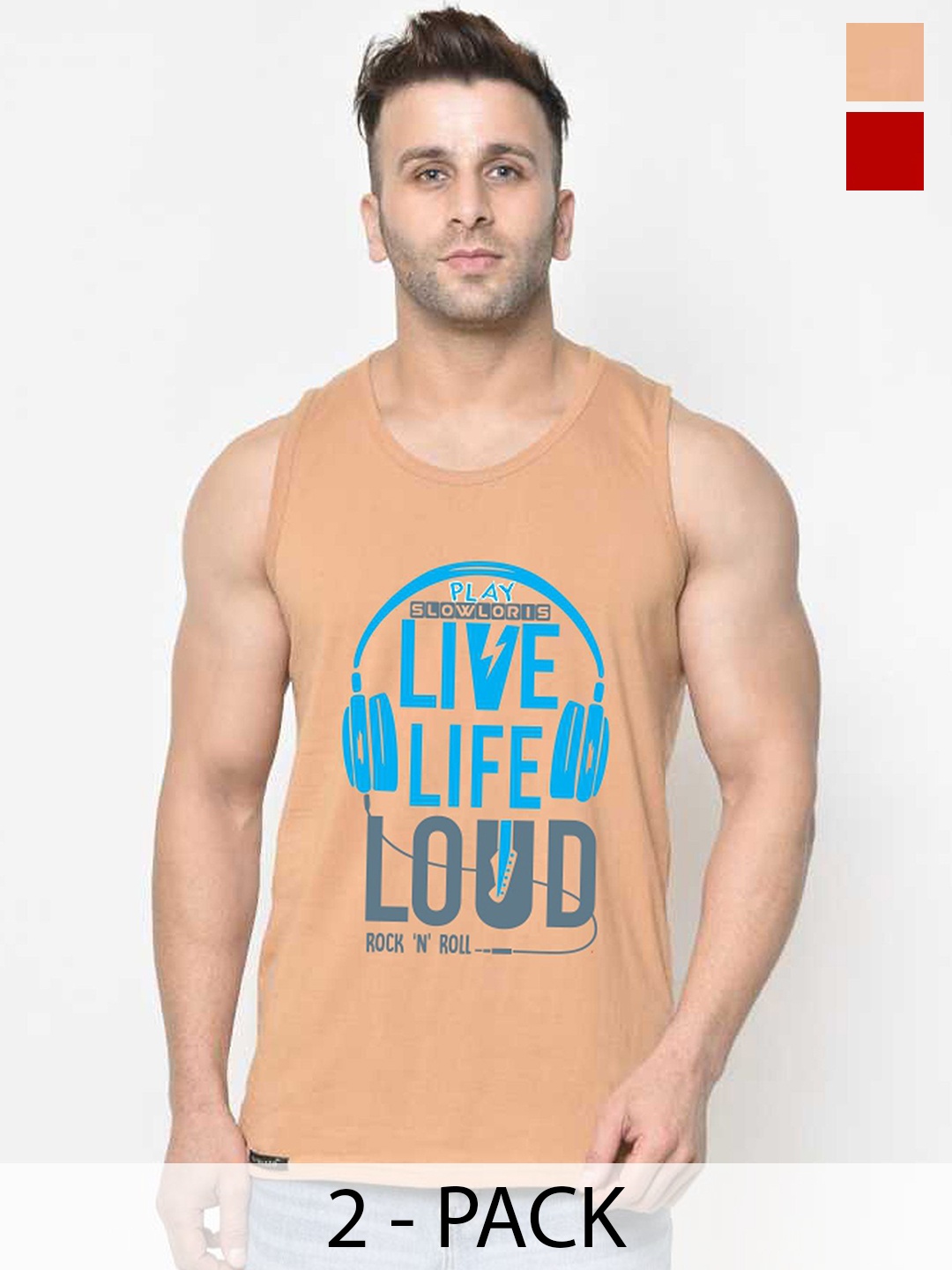 

SLOWLORIS Pack Of 2 Printed Men Gym Vests, Rust