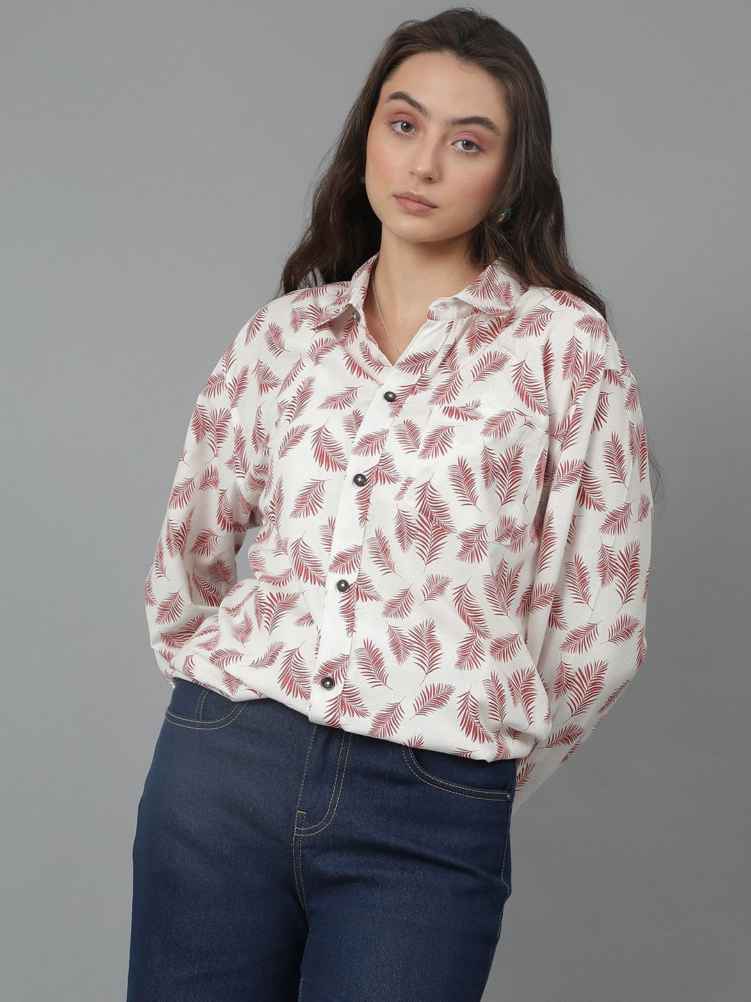 

Kotty Women Spread Collar Floral Printed Cotton Oversized Casual Shirt, White