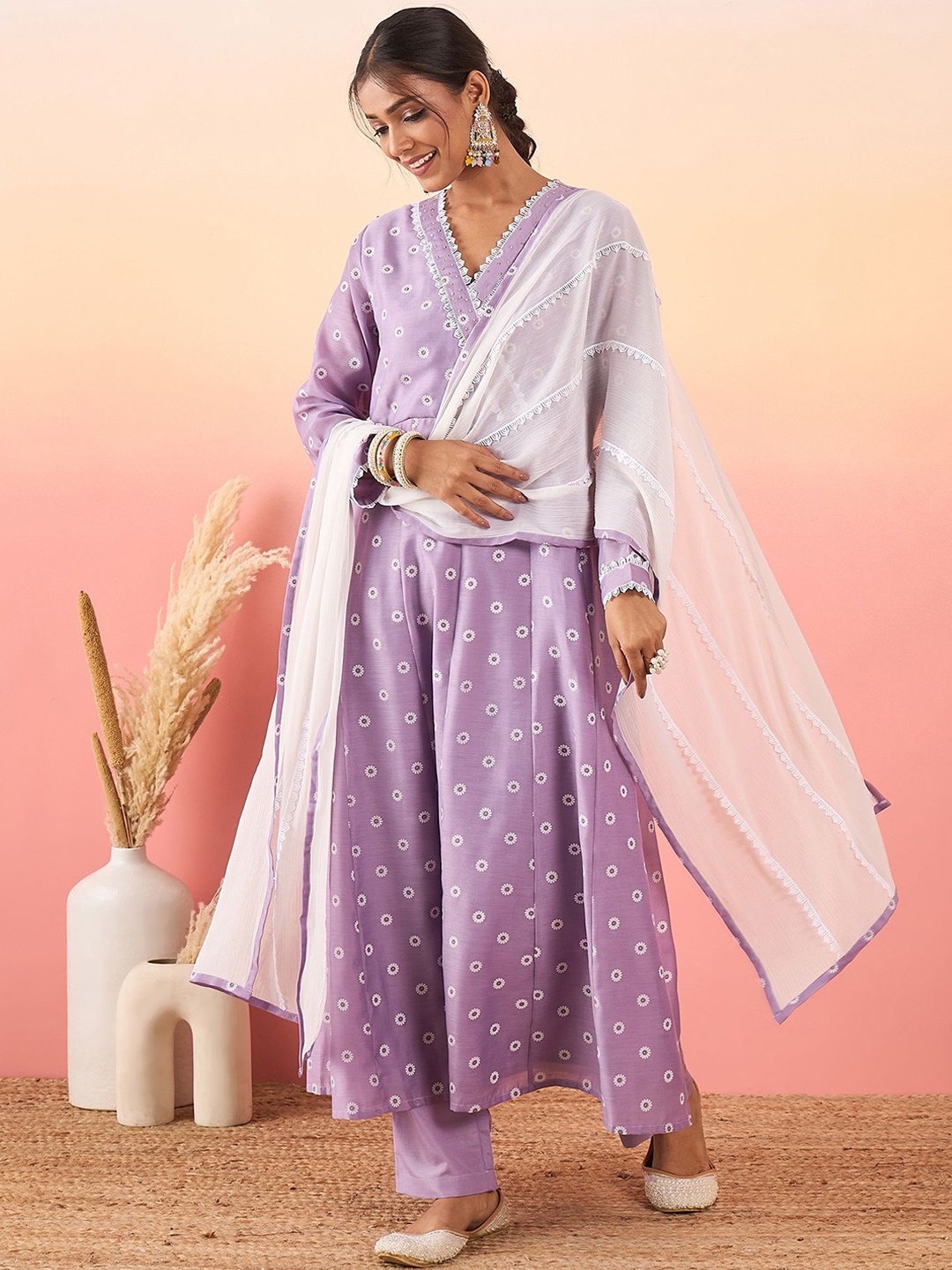 

Madhuni Floral Printed Angrakha Chanderi Silk Anarkali Kurta with Trousers & With Dupatta, Lavender