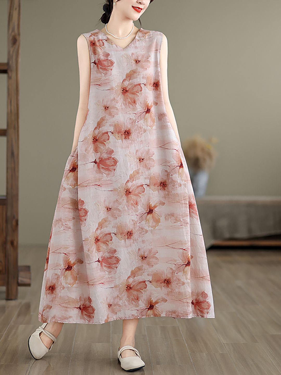 

JC Mode Floral Printed A-Line Maxi Dress, Beige