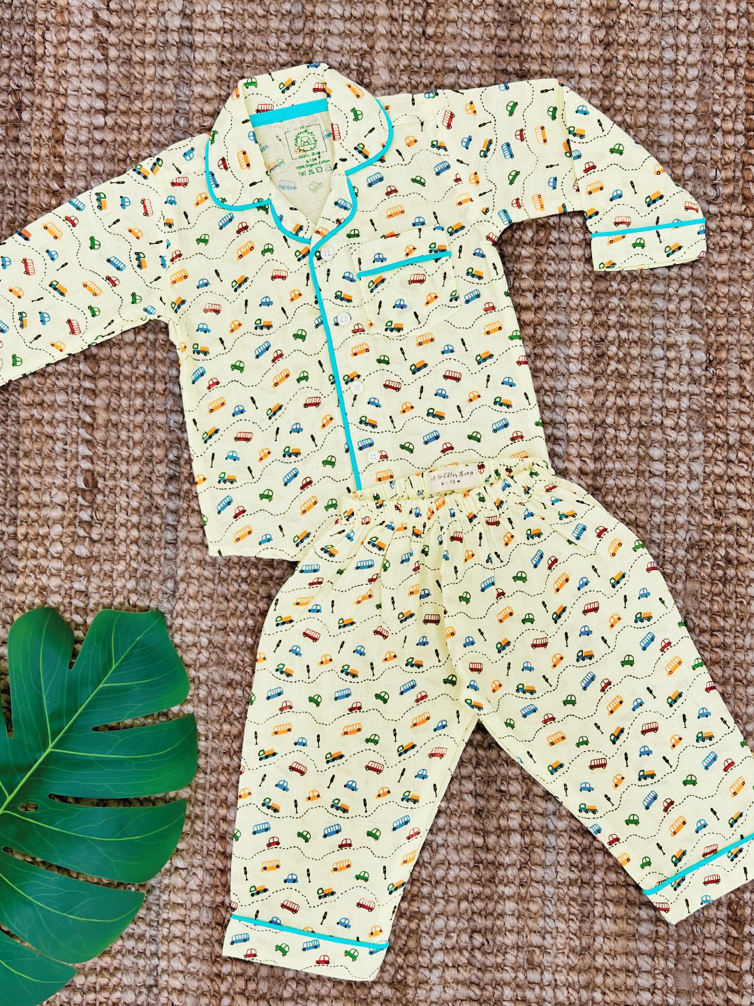 

A Toddler Thing Unisex Kids Printed Shirt Collar Organic Cotton Night suit, Yellow