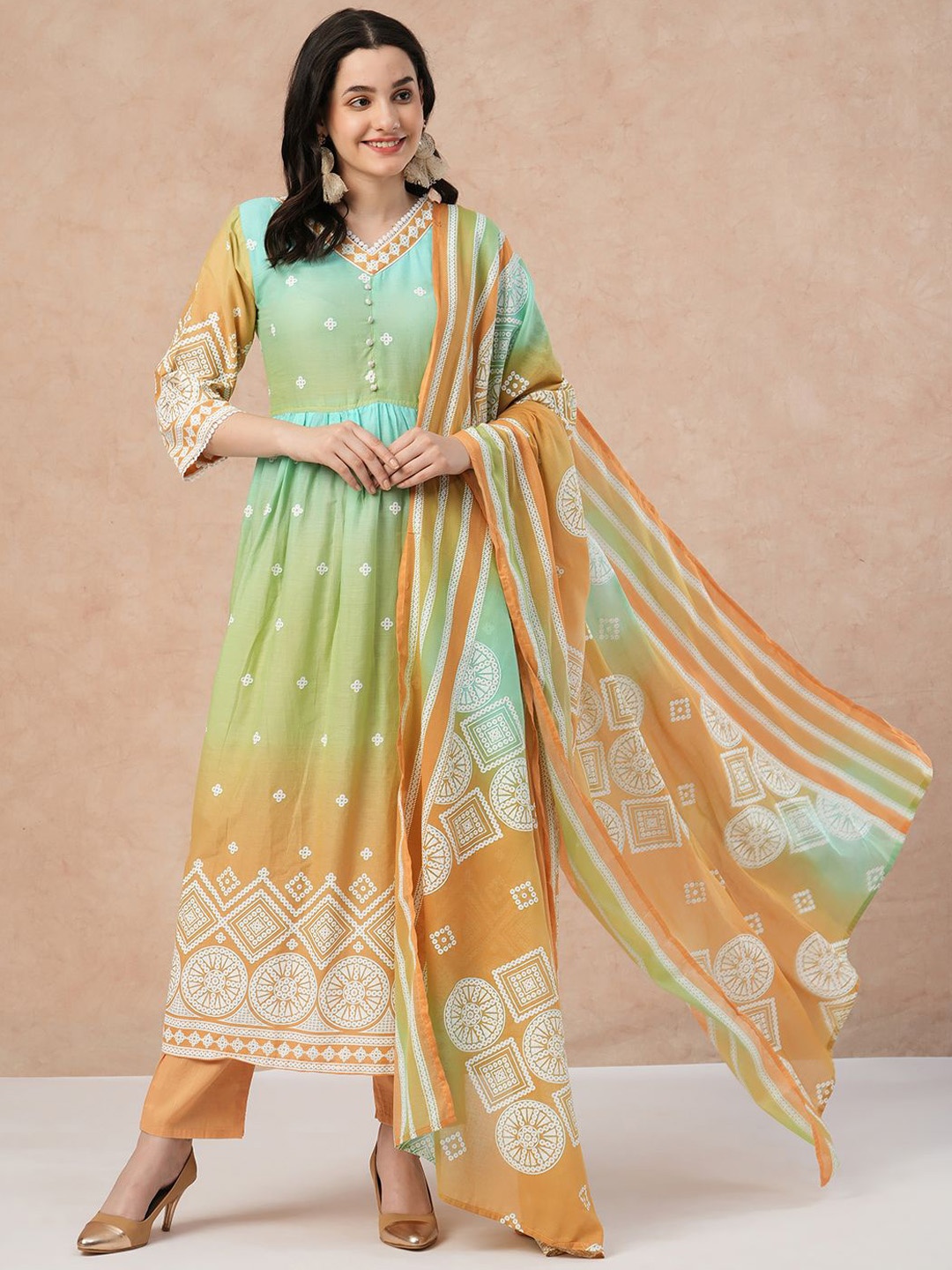 

KALINI Floral Embroidered Pure Cotton Anarkali Kurta With Trousers & Dupatta, Sea green