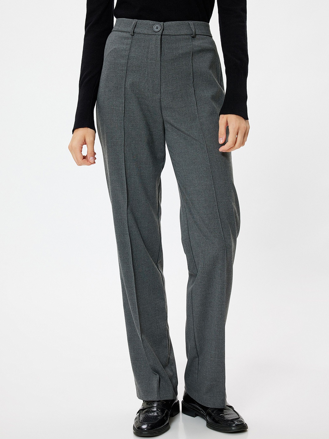 

Koton Women Straight Fit Pleated Formal Trousers, Grey