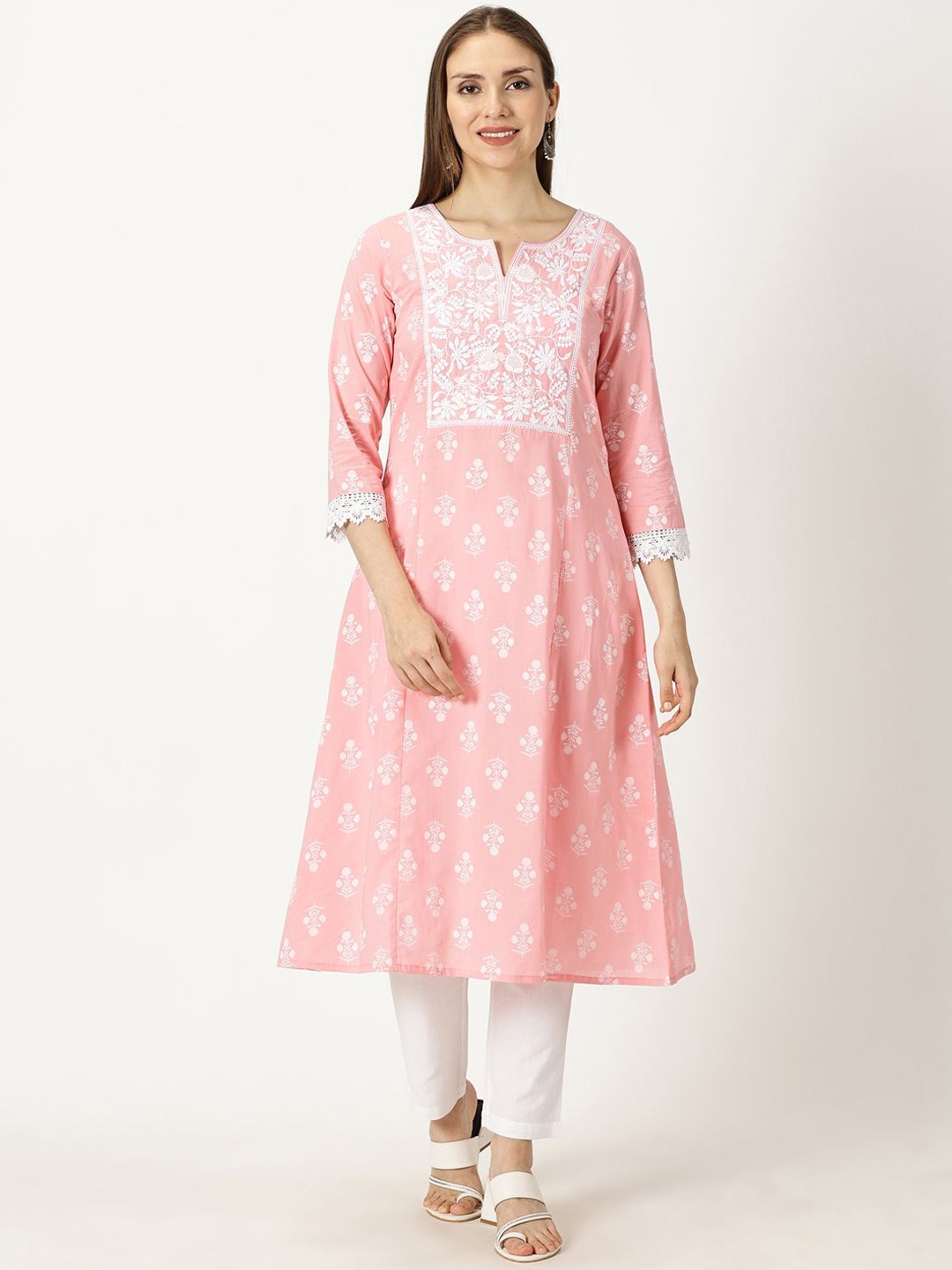 

Saffron Threads Floral Printed Chikankari Cotton A-Line Kurta, Pink