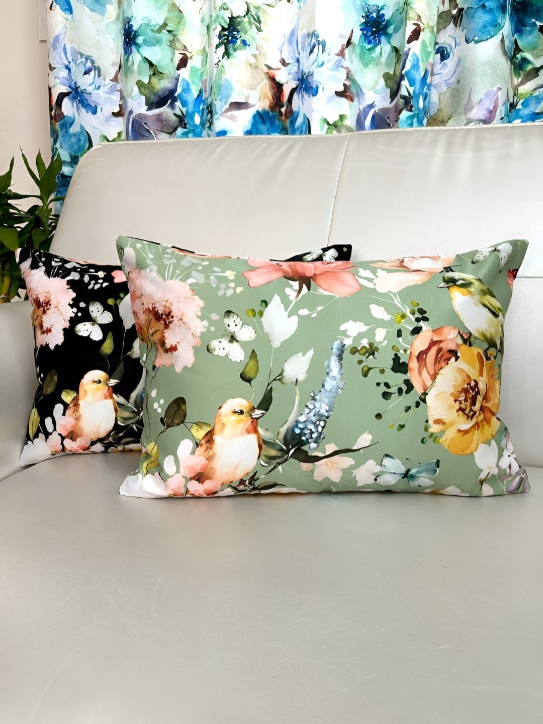 

TARA- Sparkling Homes Black & Green Set of 2 Floral Satin Rectangle Cushion Covers