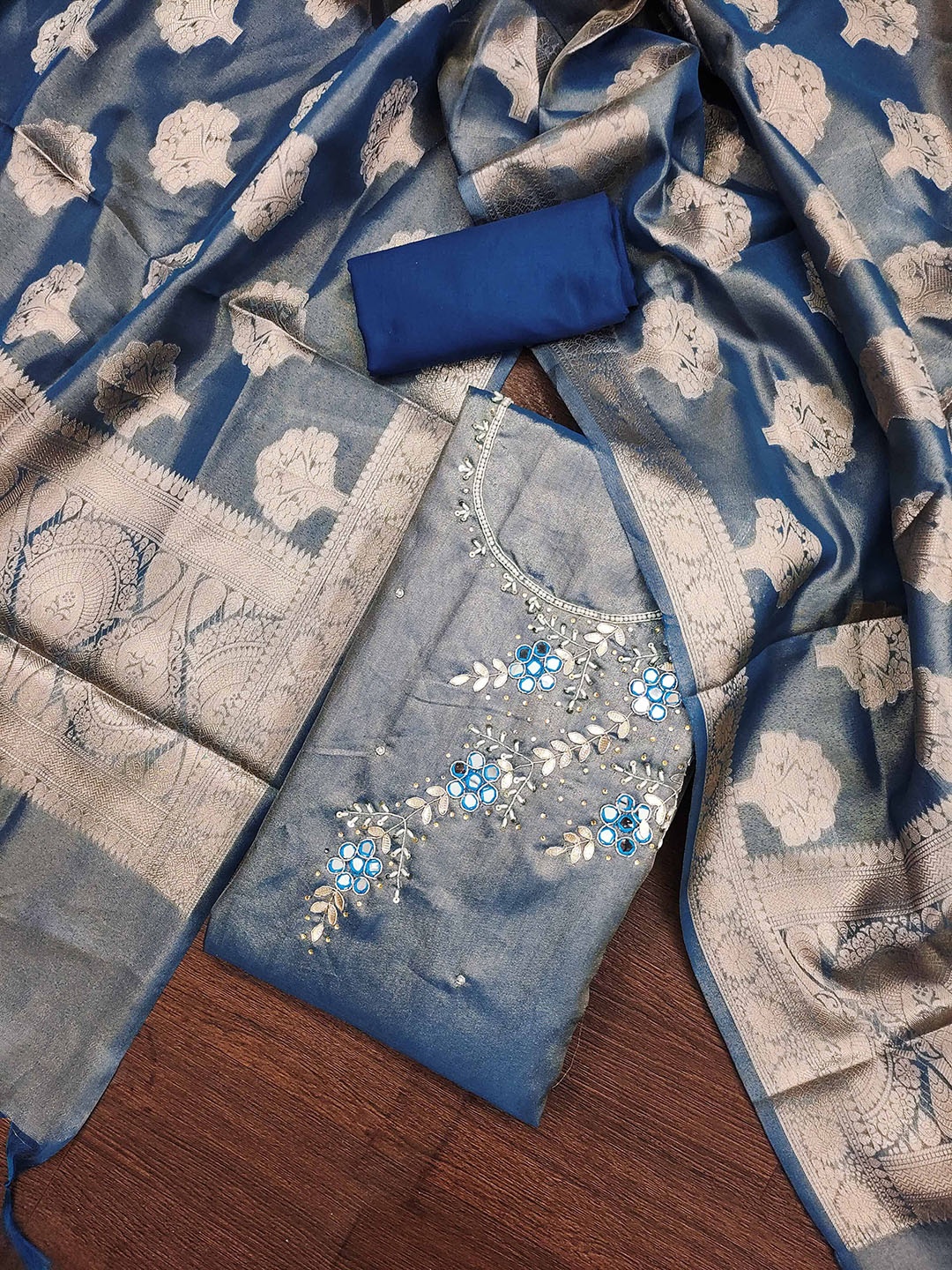 

KALINI Floral Embellished Mirror Work Unstitched Dress Material, Blue