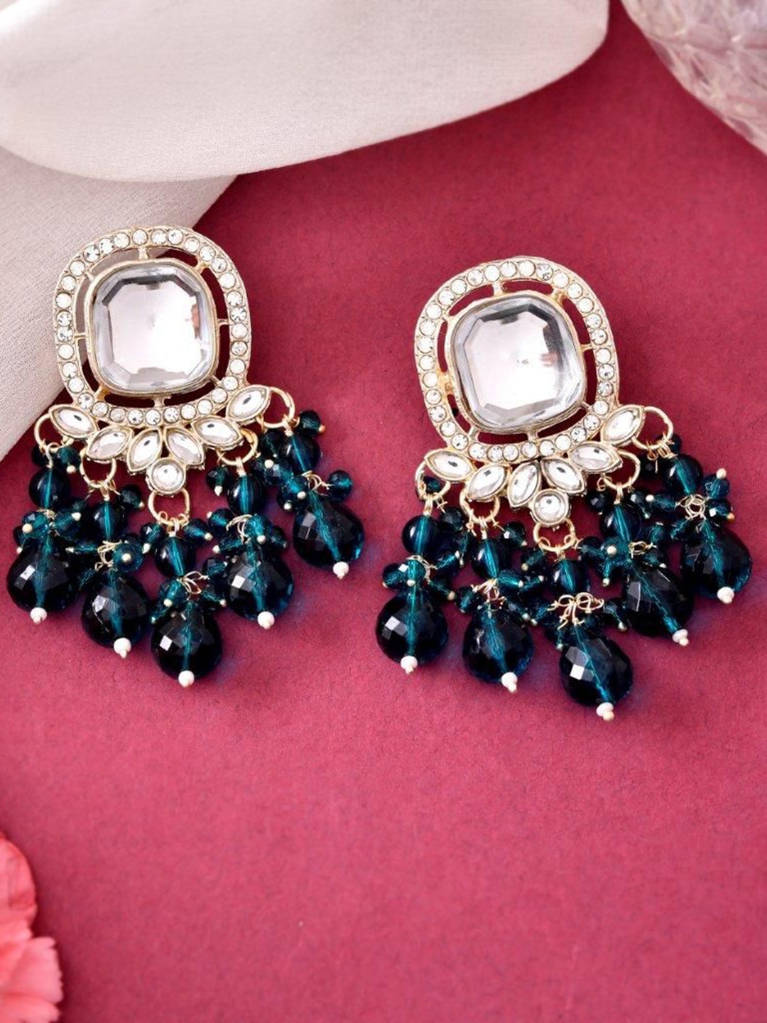 

VOJ Stainless Steel Silver Plated Kundan Studded & Beaded Drop Earrings, Gold