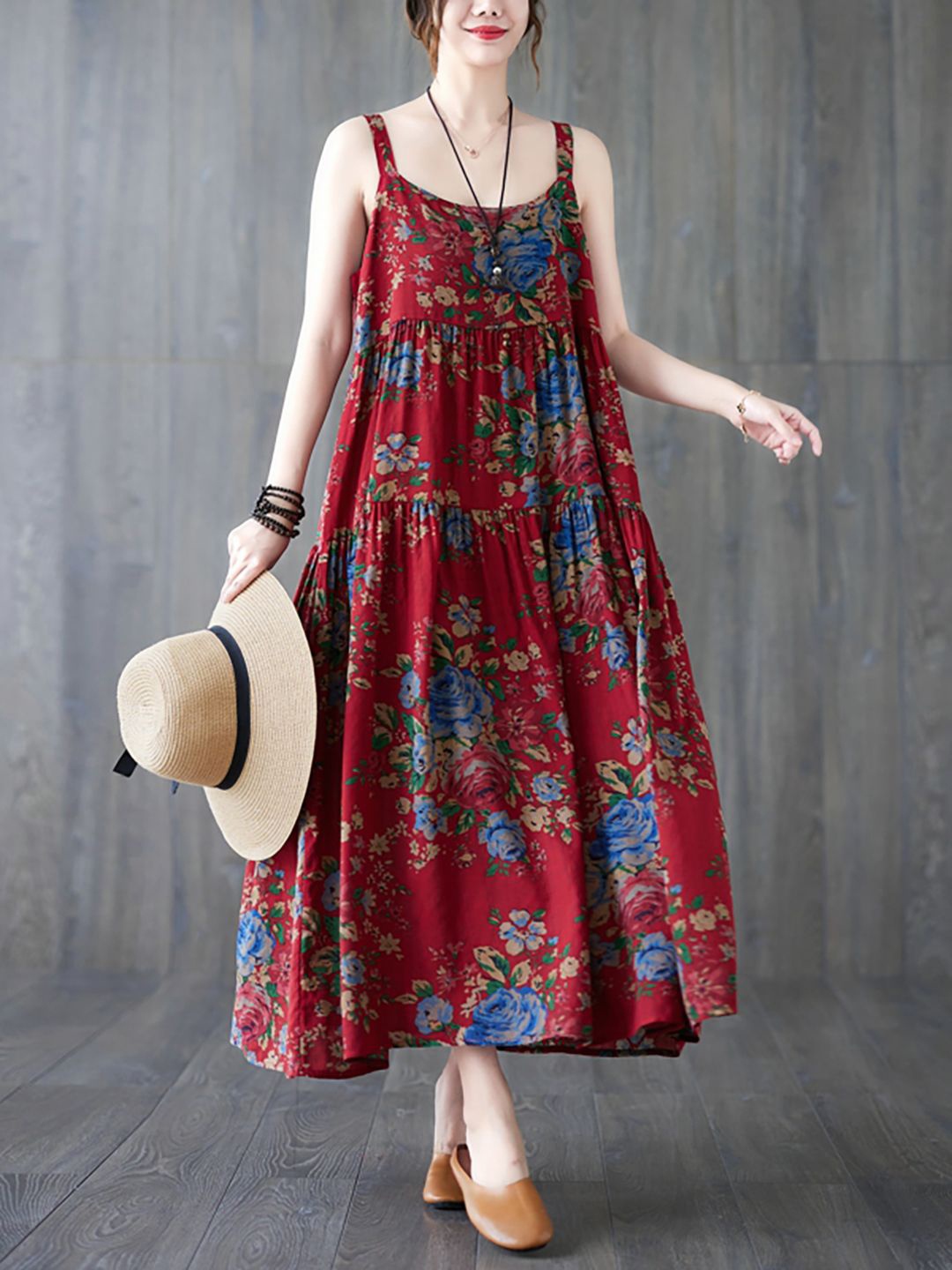 

JC Mode Floral Printed Fit and Flare Maxi Dress, Red