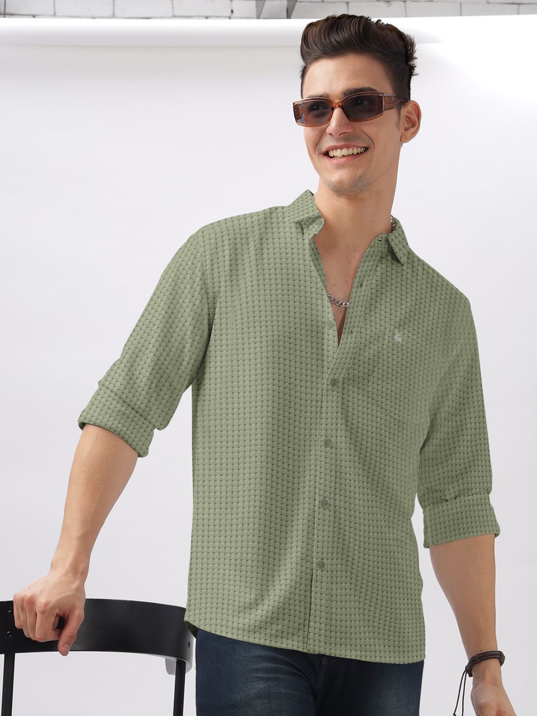 

BULLMER Men Spread Collar Self Design Cotton Casual Shirt, Olive
