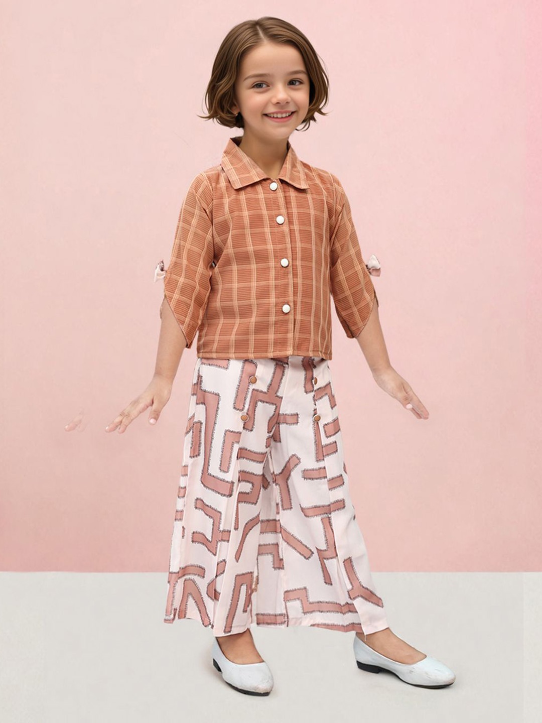 

Toonyport Girls Geometric Printed Shirt Collar Shirt with Palazzos, Brown