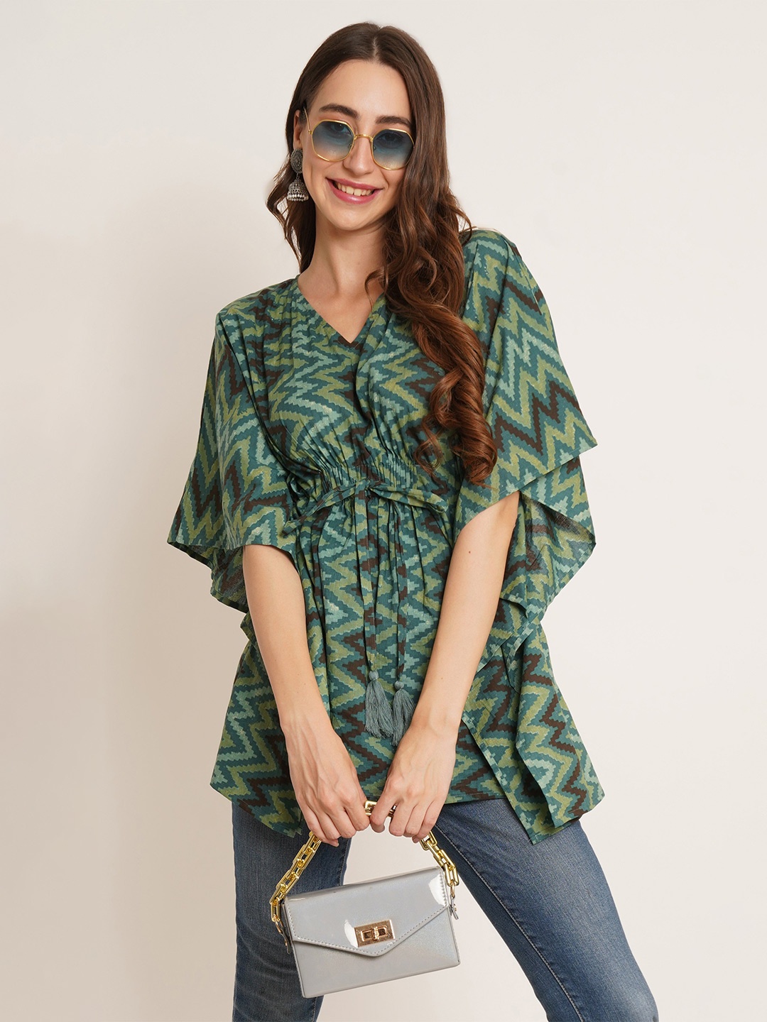 

KALINI Women Abstract Printed V-Neck Pure Cotton Top, Green